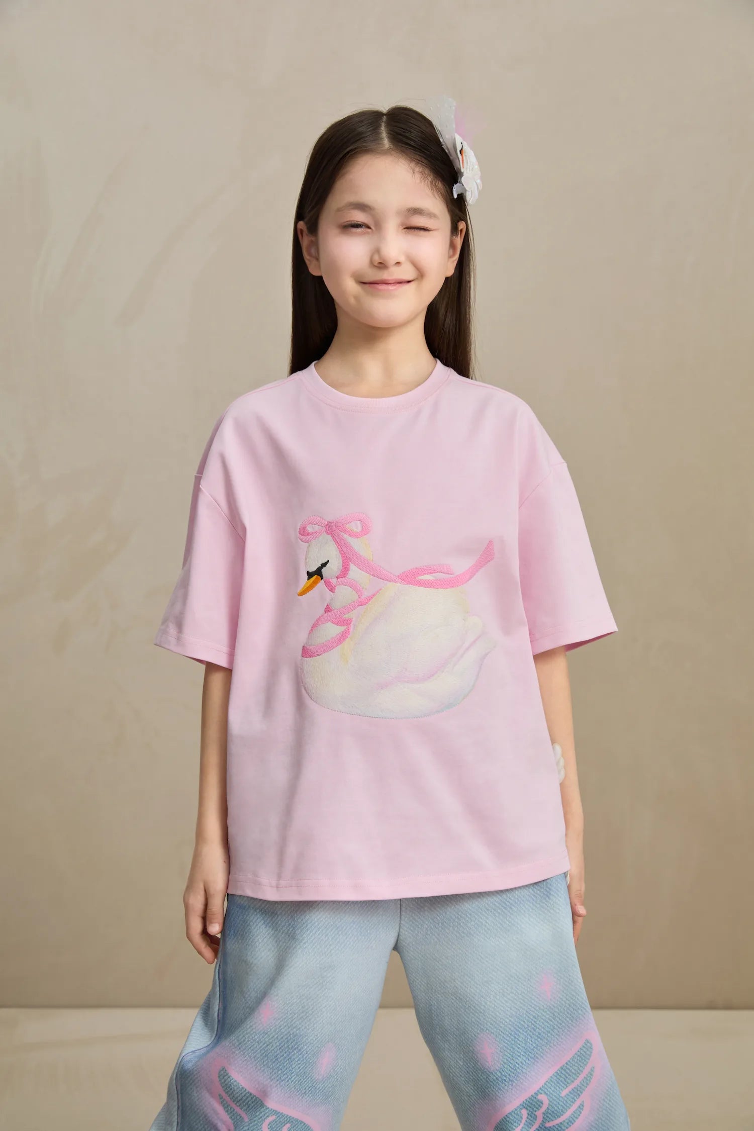 Poco Blush Embroidered Swan Tee with Wings