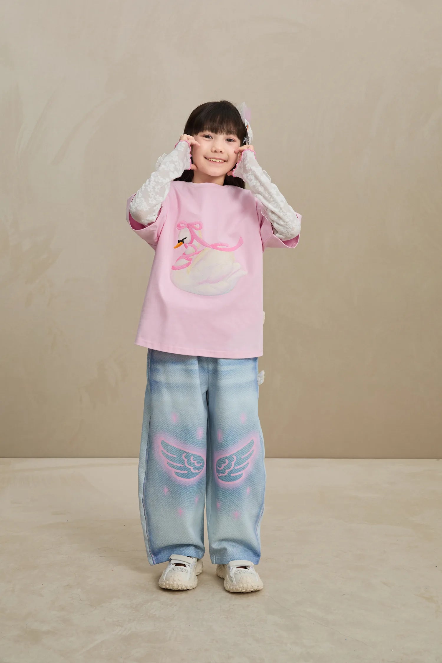 Poco Blush Embroidered Swan Tee with Wings
