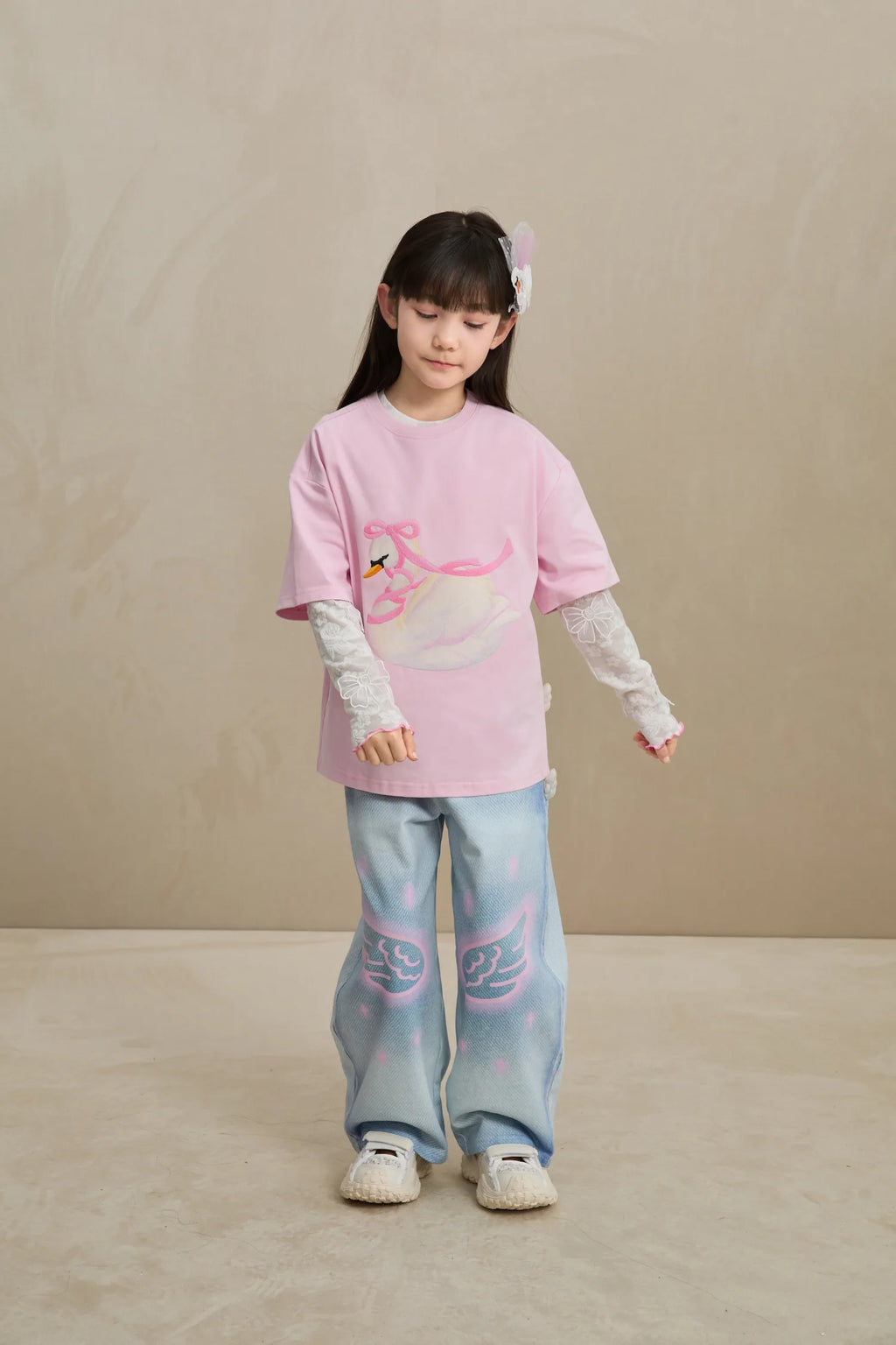 Poco Blush Embroidered Swan Tee with Wings