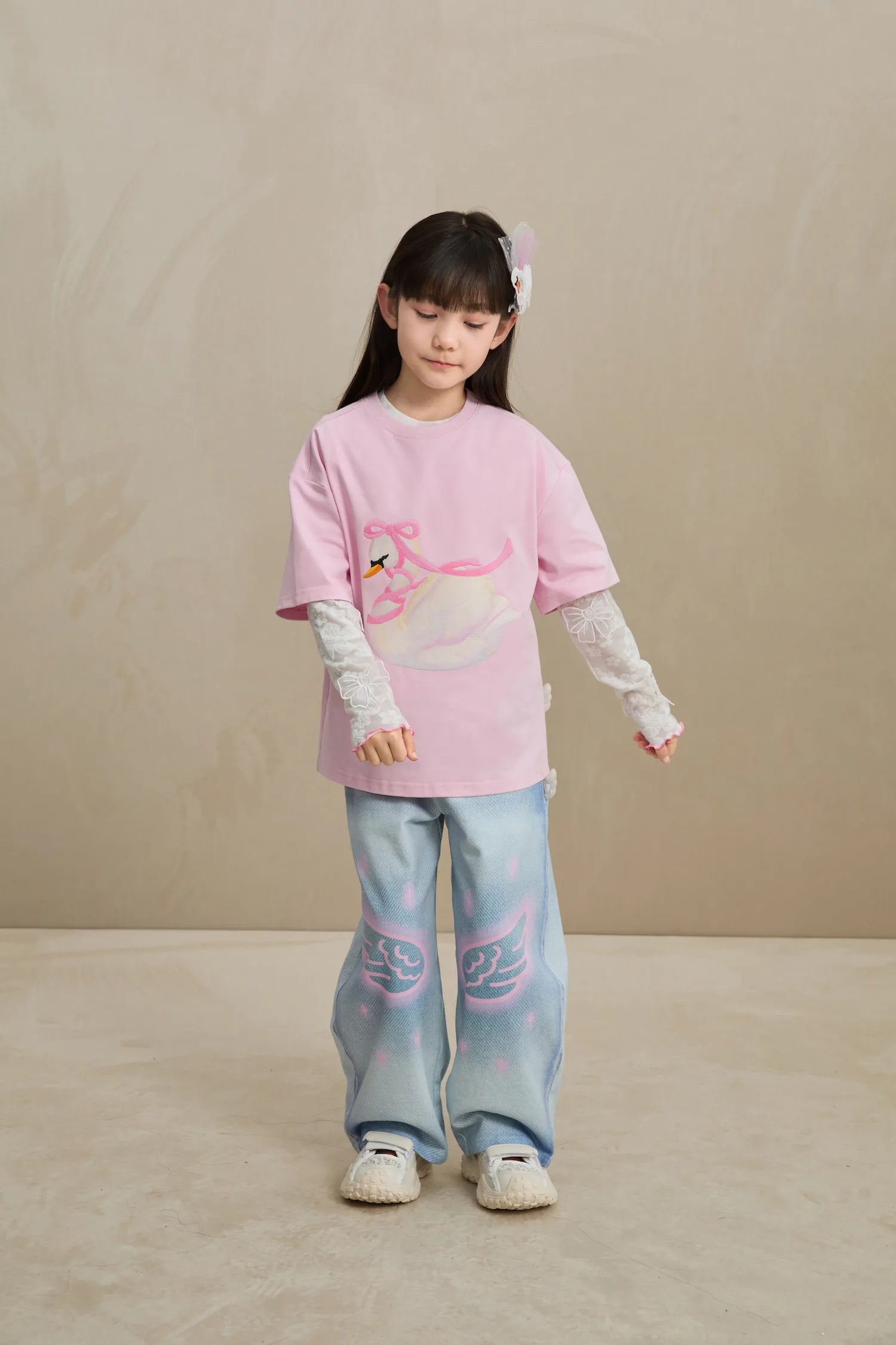 Poco Blush Embroidered Swan Tee with Wings
