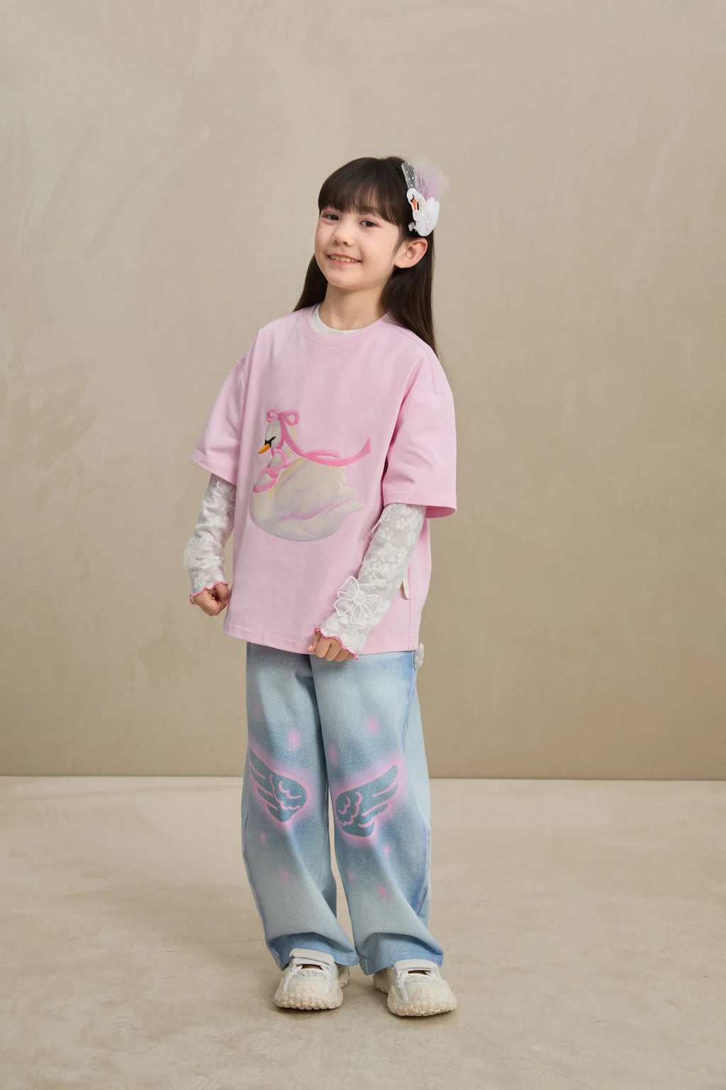 Poco Blush Embroidered Swan Tee with Wings