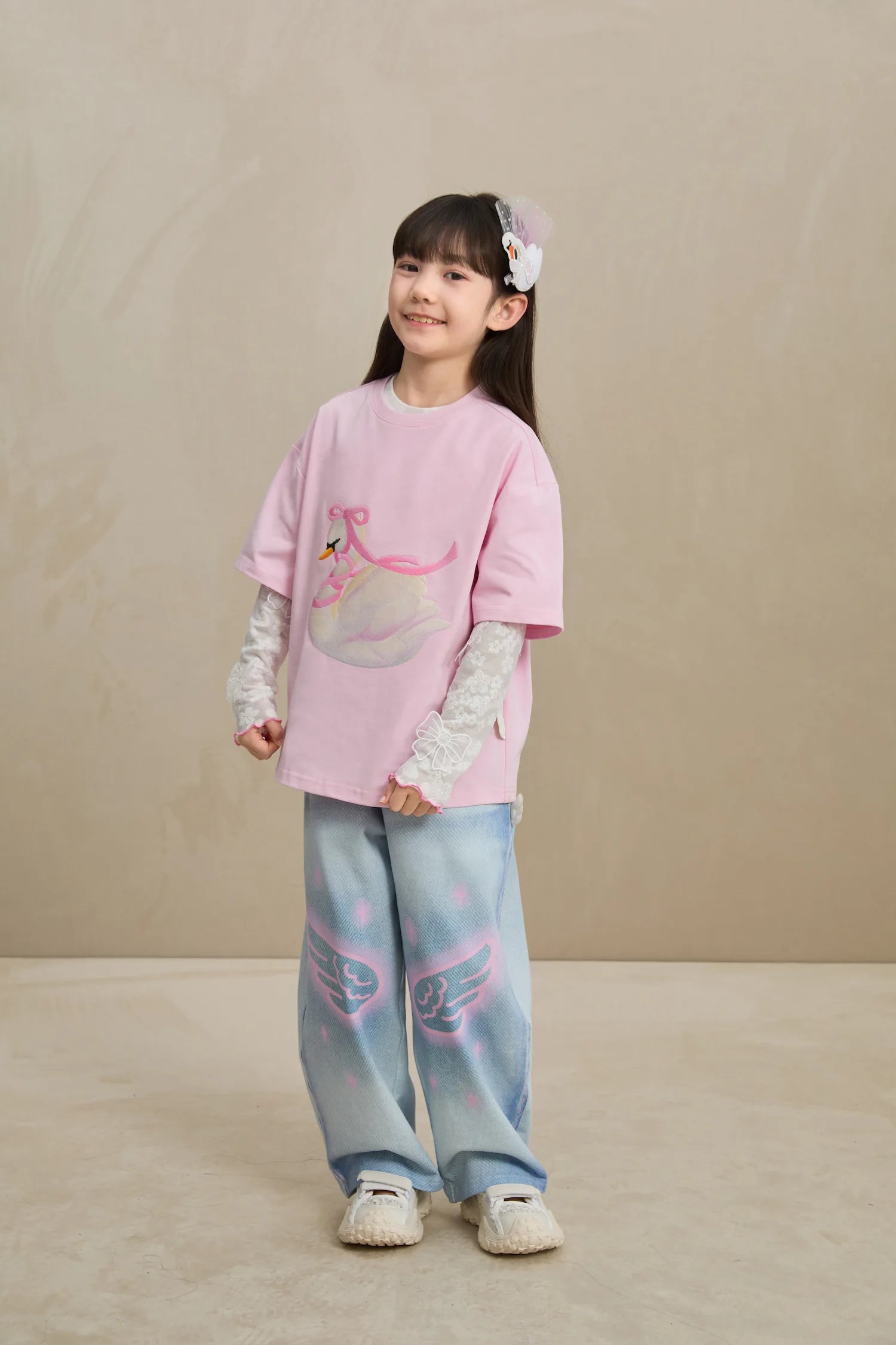 Poco Blush Embroidered Swan Tee with Wings