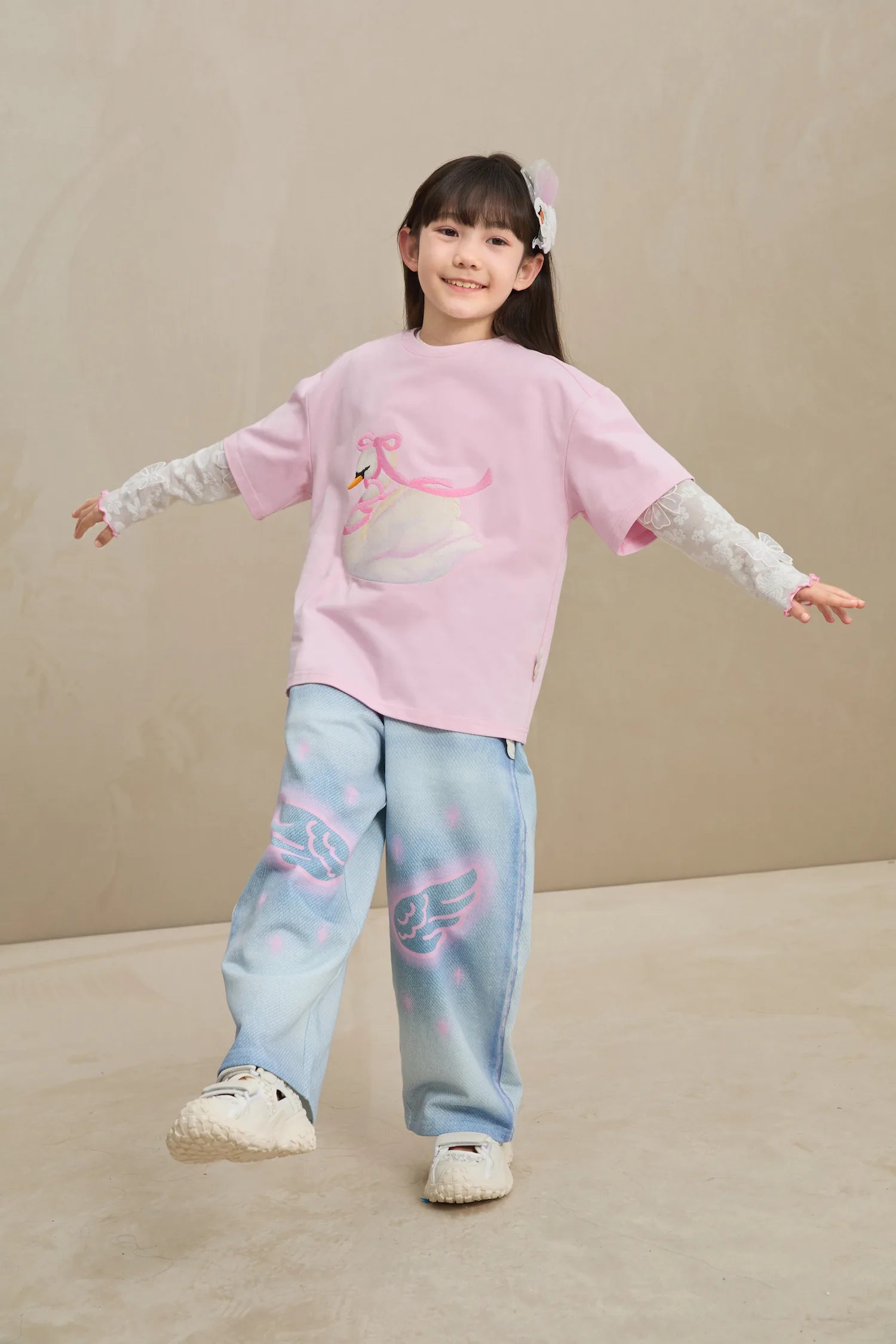 Poco Blush Embroidered Swan Tee with Wings