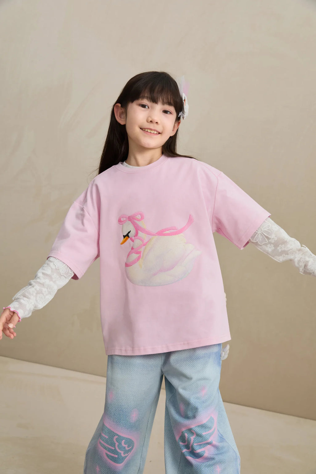 Poco Blush Embroidered Swan Tee with Wings