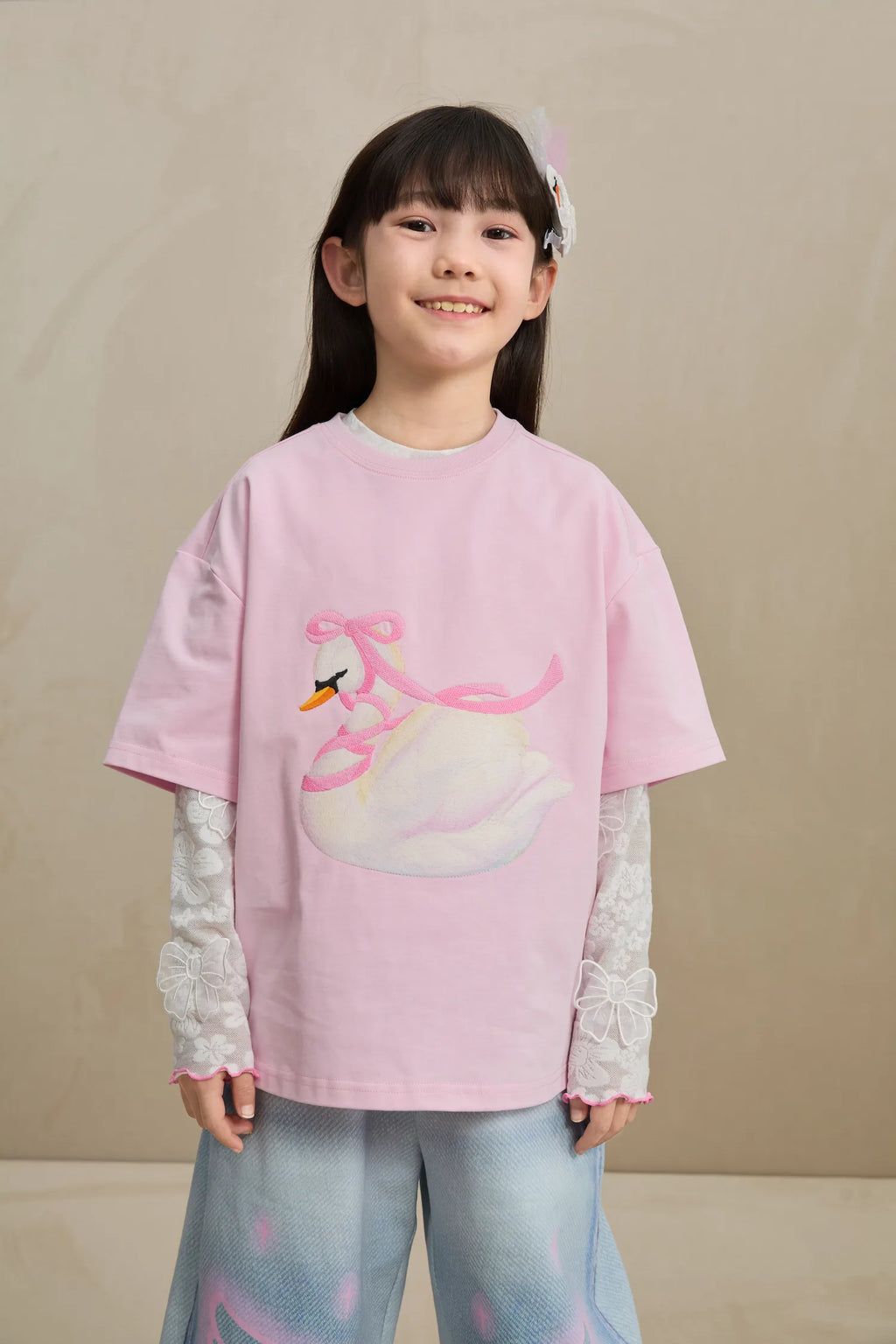 Poco Blush Embroidered Swan Tee with Wings