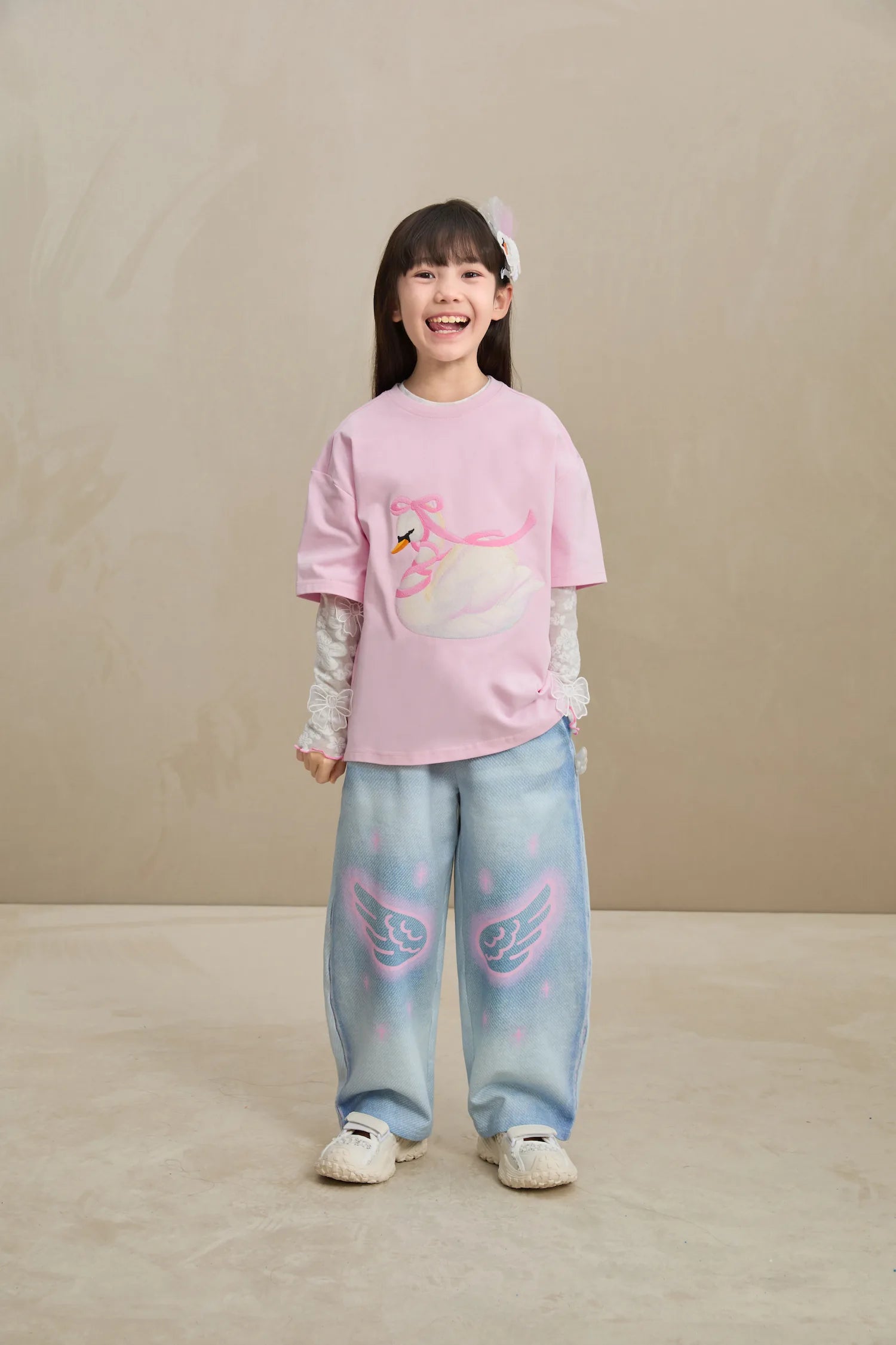 Poco Blush Embroidered Swan Tee with Wings