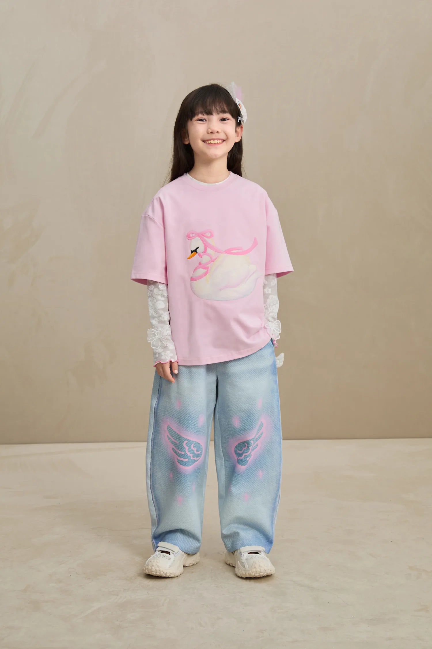 Poco Blush Embroidered Swan Tee with Wings