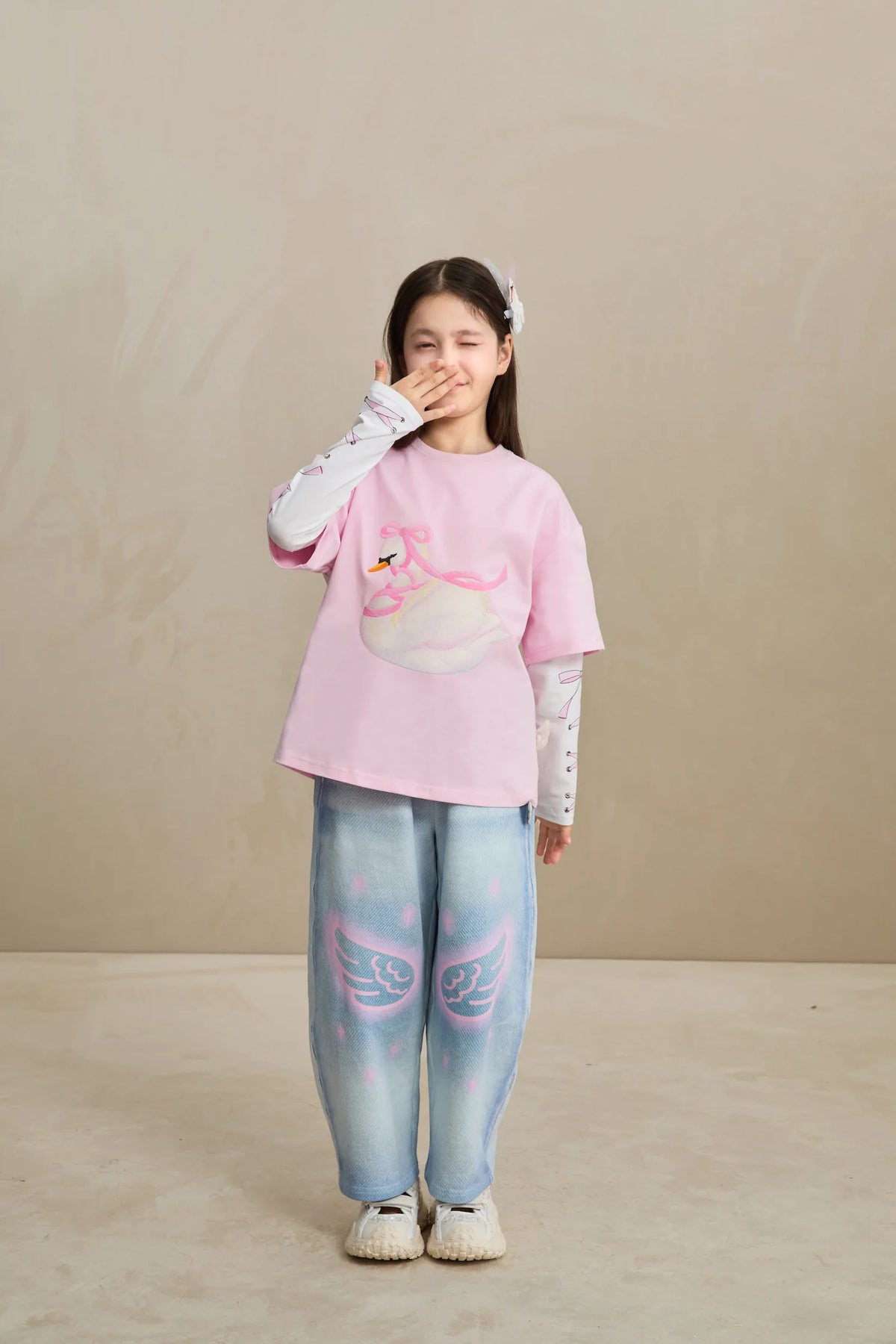 Poco Blush Embroidered Swan Tee with Wings