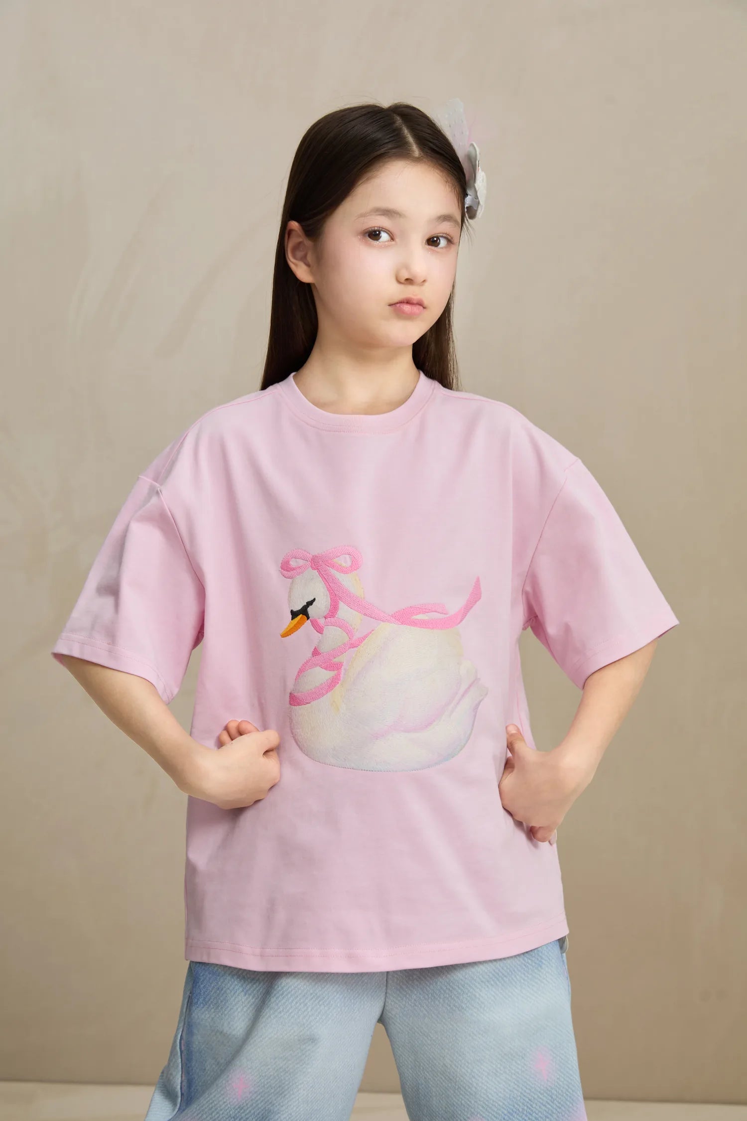 Poco Blush Embroidered Swan Tee with Wings