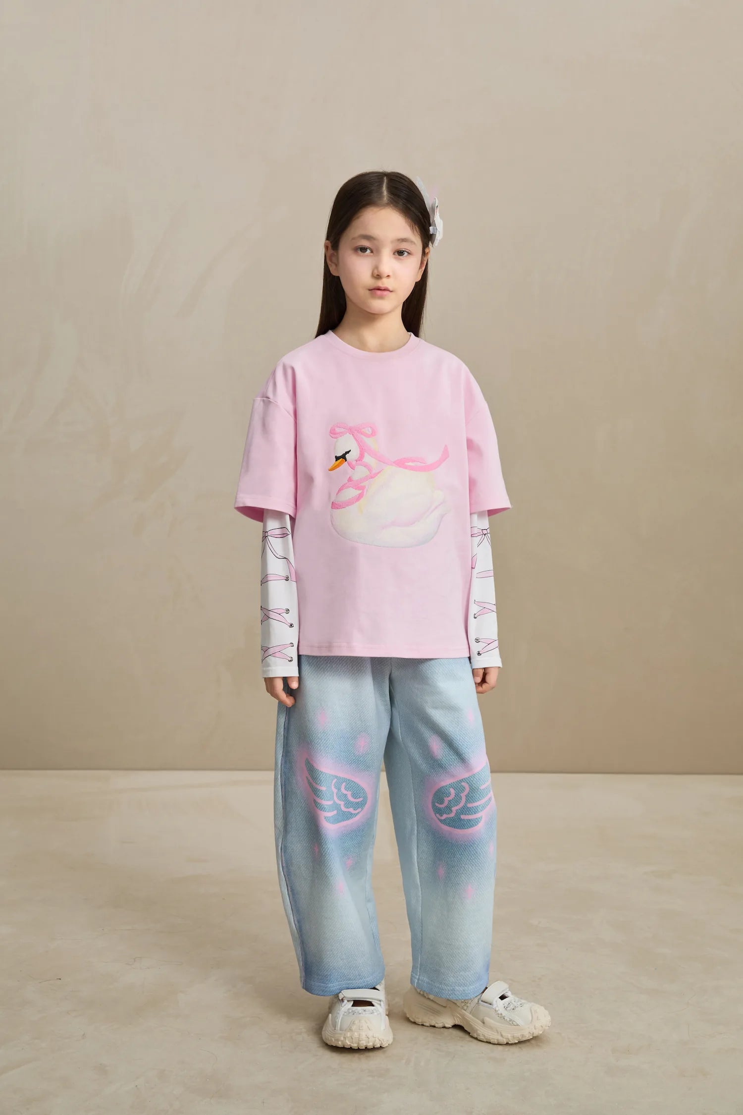 Poco Blush Embroidered Swan Tee with Wings