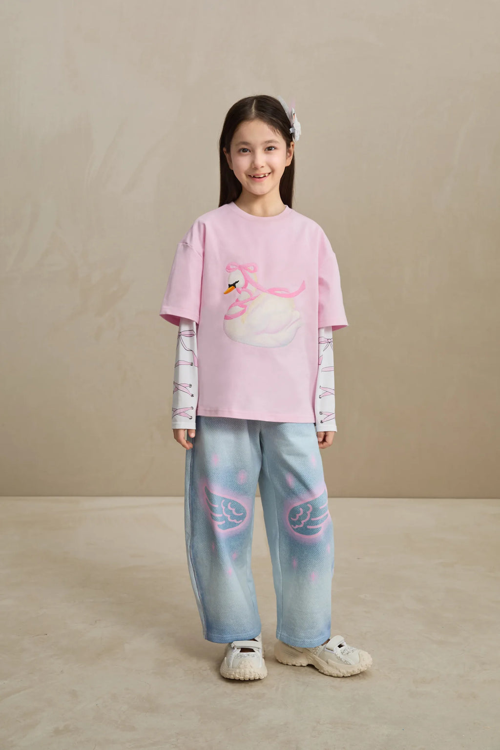 Poco Blush Embroidered Swan Tee with Wings