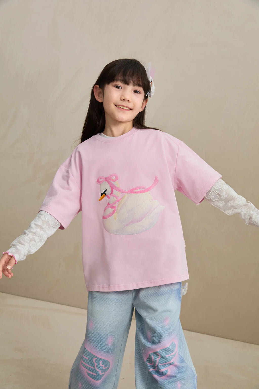 Poco Blush Embroidered Swan Tee with Wings
