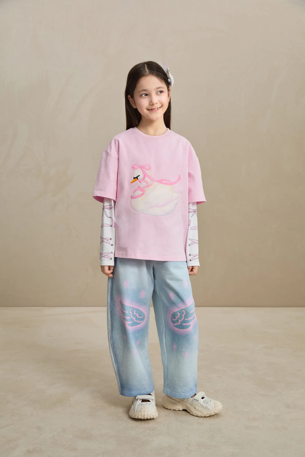 Poco Blush Embroidered Swan Tee with Wings