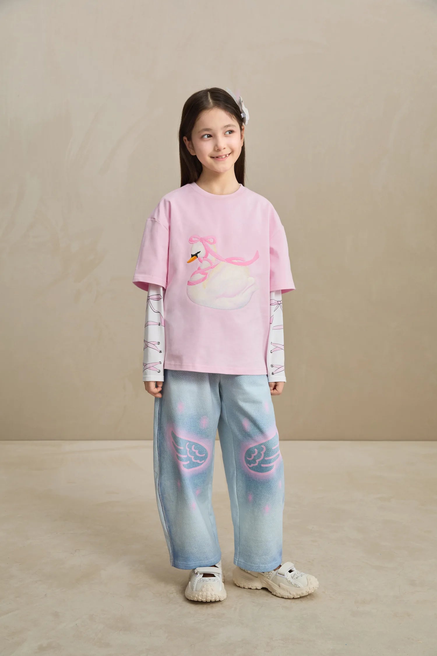 Poco Blush Embroidered Swan Tee with Wings