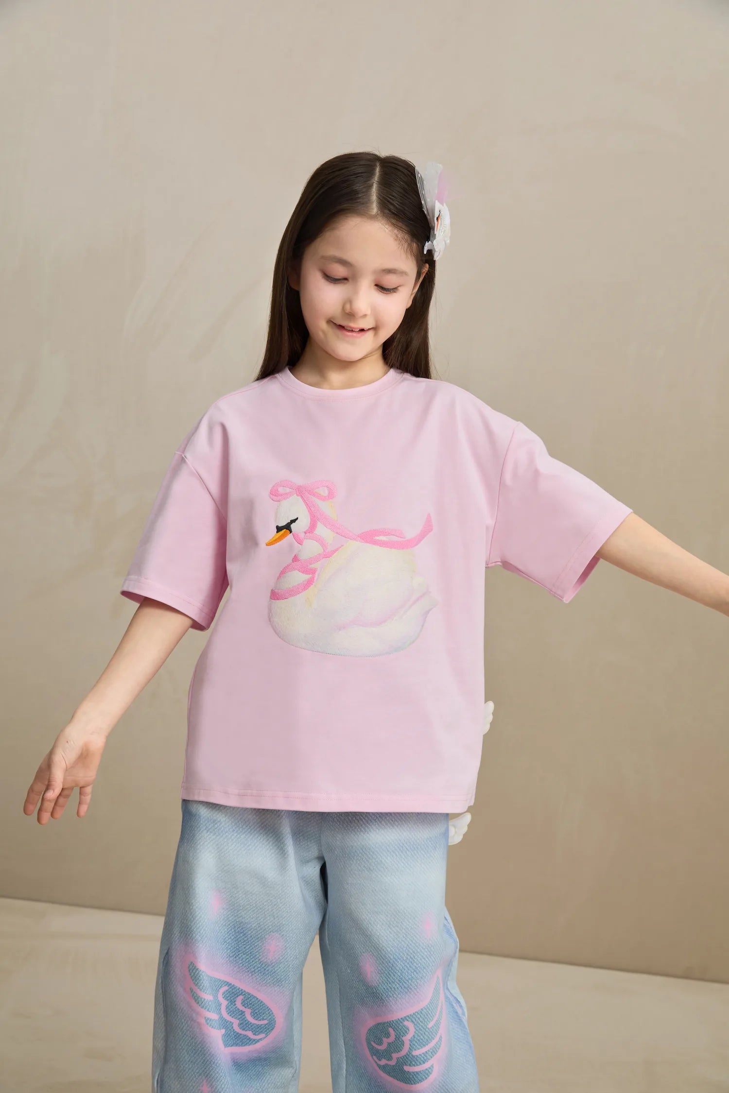 Poco Blush Embroidered Swan Tee with Wings