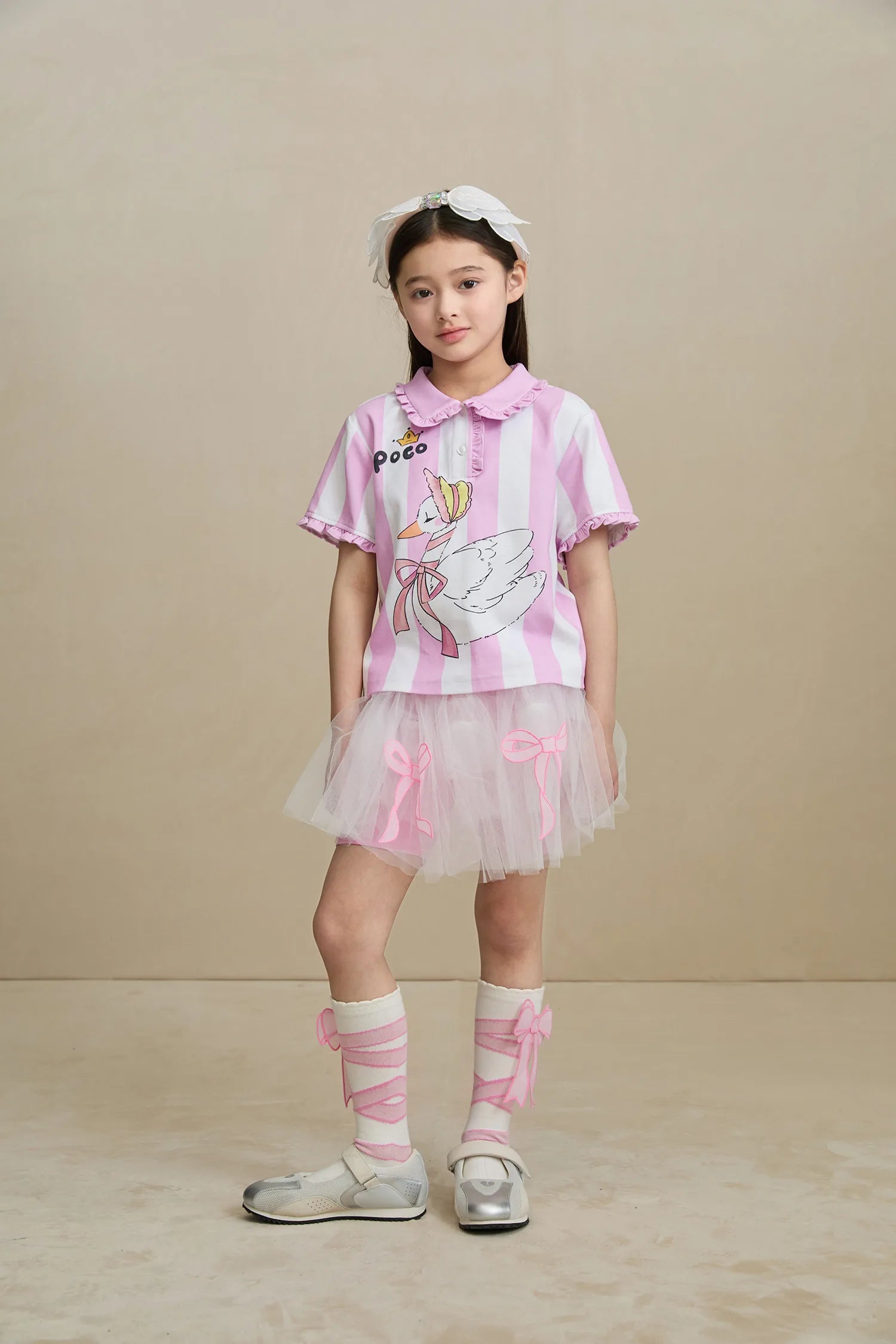 Poco Blush Swan Ballet Print Ruffle Polo Tee
