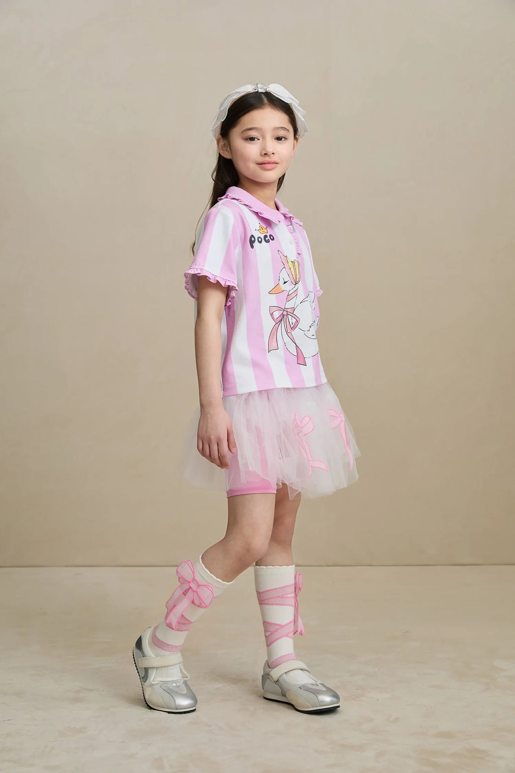 Poco Blush Swan Ballet Print Ruffle Polo Tee