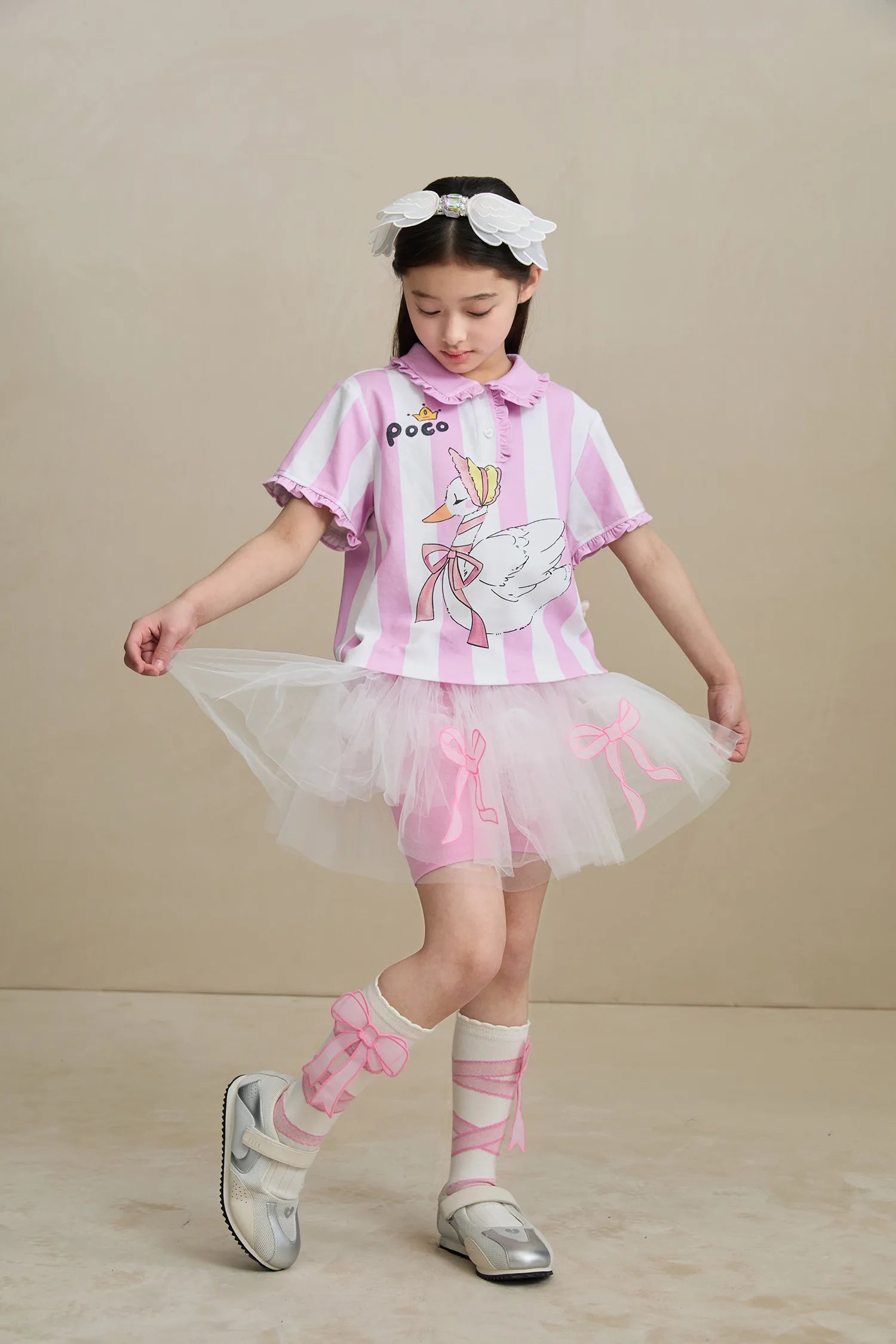 Poco Blush Swan Ballet Print Ruffle Polo Tee