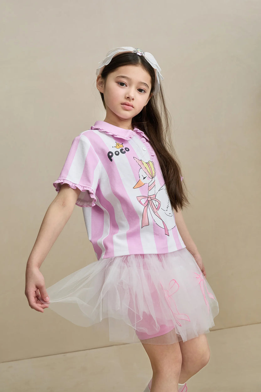 Poco Blush Swan Ballet Print Ruffle Polo Tee