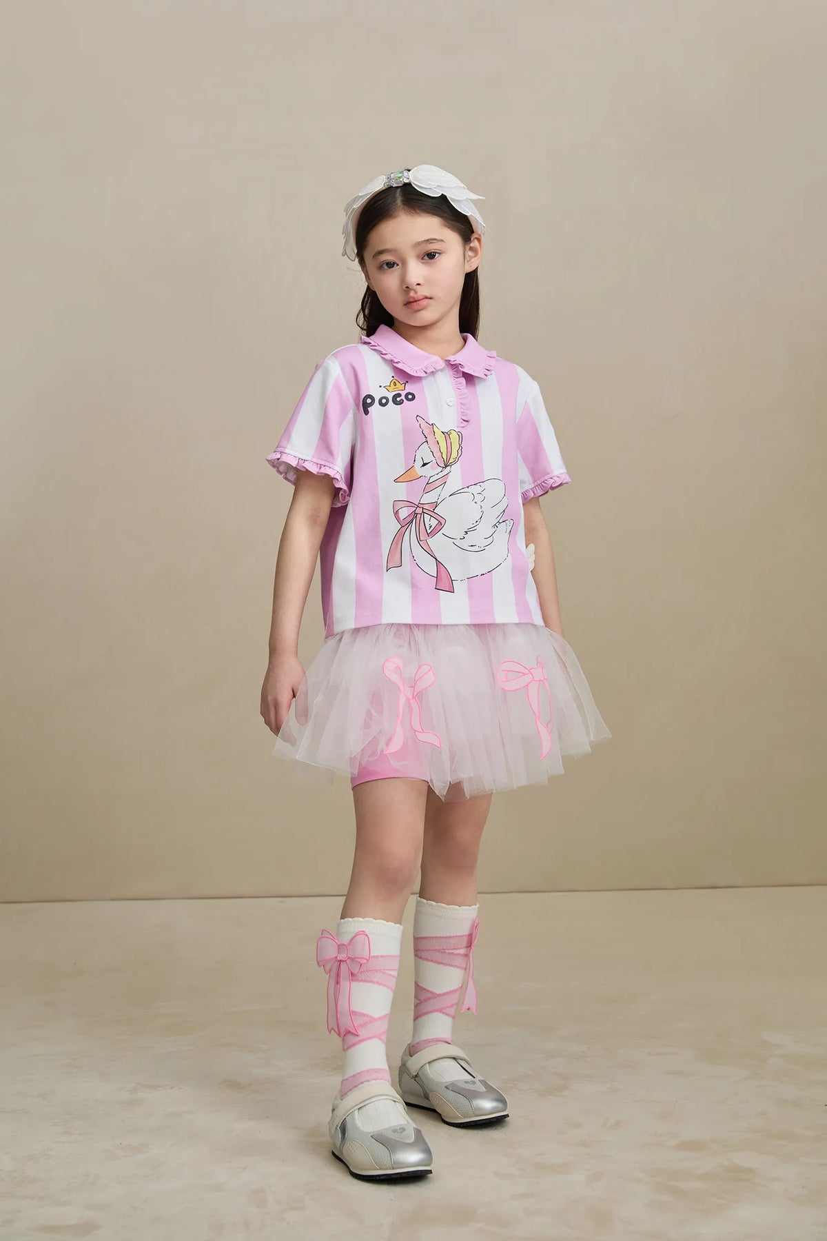 Poco Blush Swan Ballet Print Ruffle Polo Tee