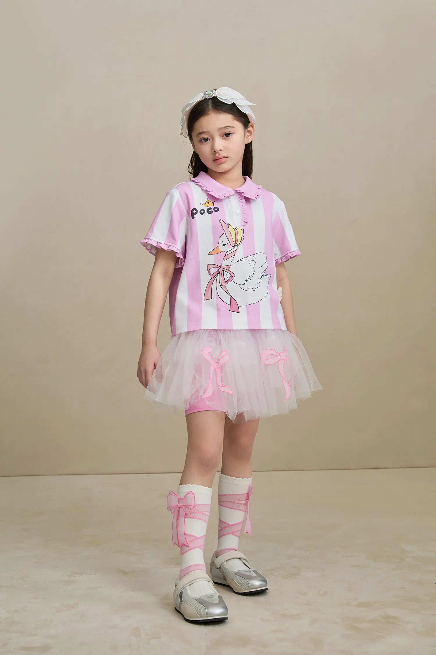 Poco Blush Swan Ballet Print Ruffle Polo Tee