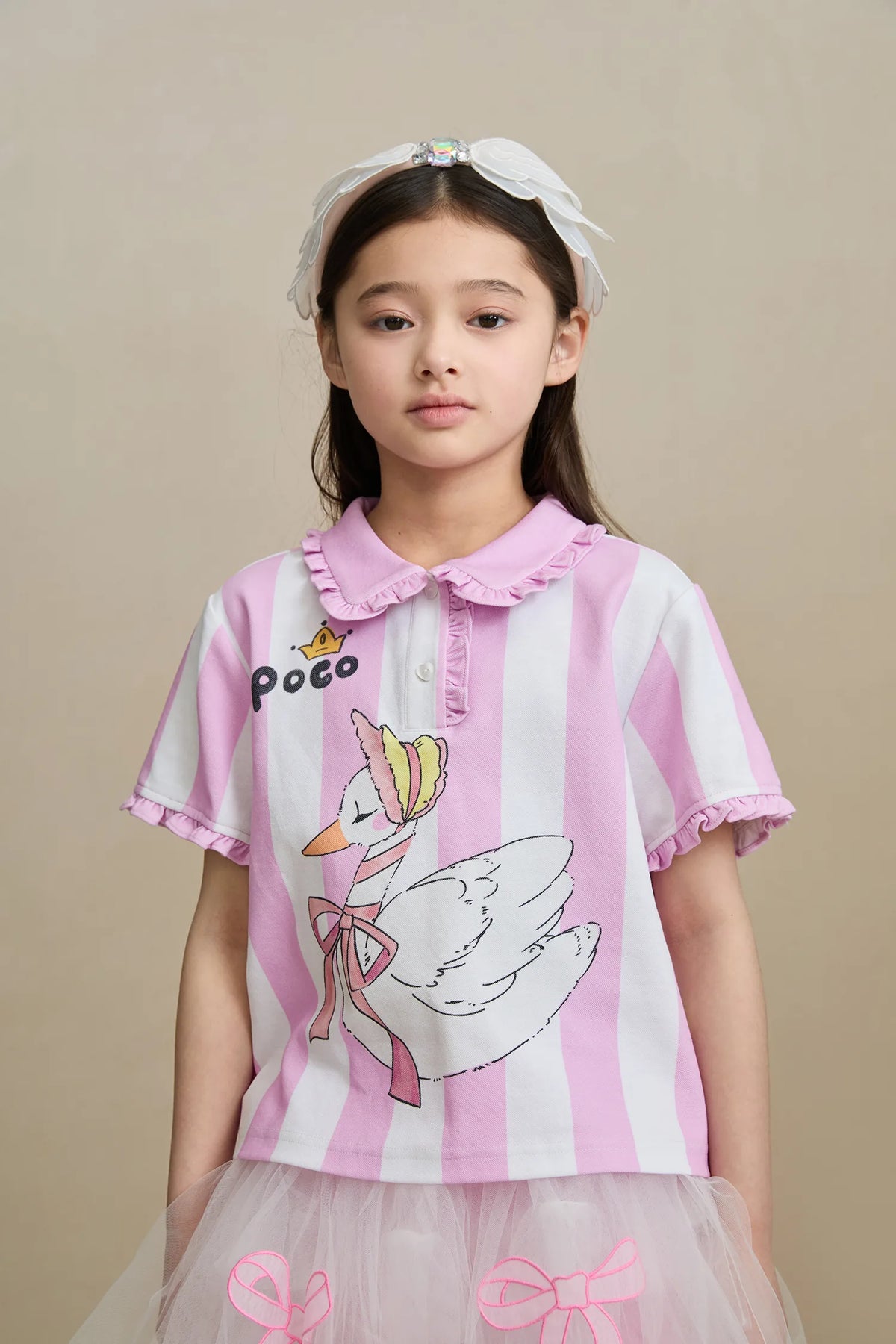 Poco Blush Swan Ballet Print Ruffle Polo Tee