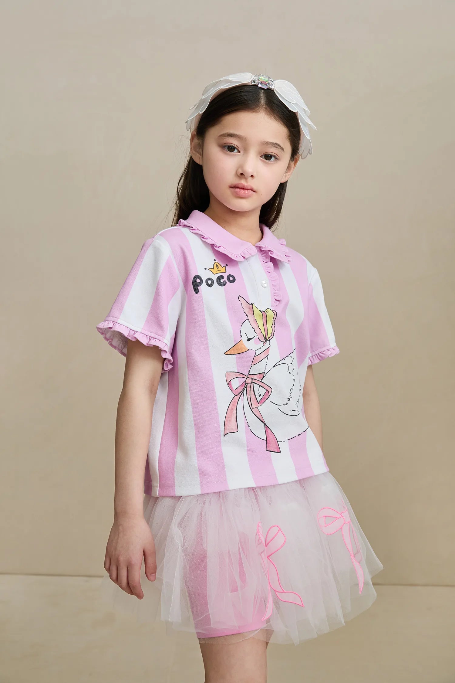 Poco Blush Swan Ballet Print Ruffle Polo Tee