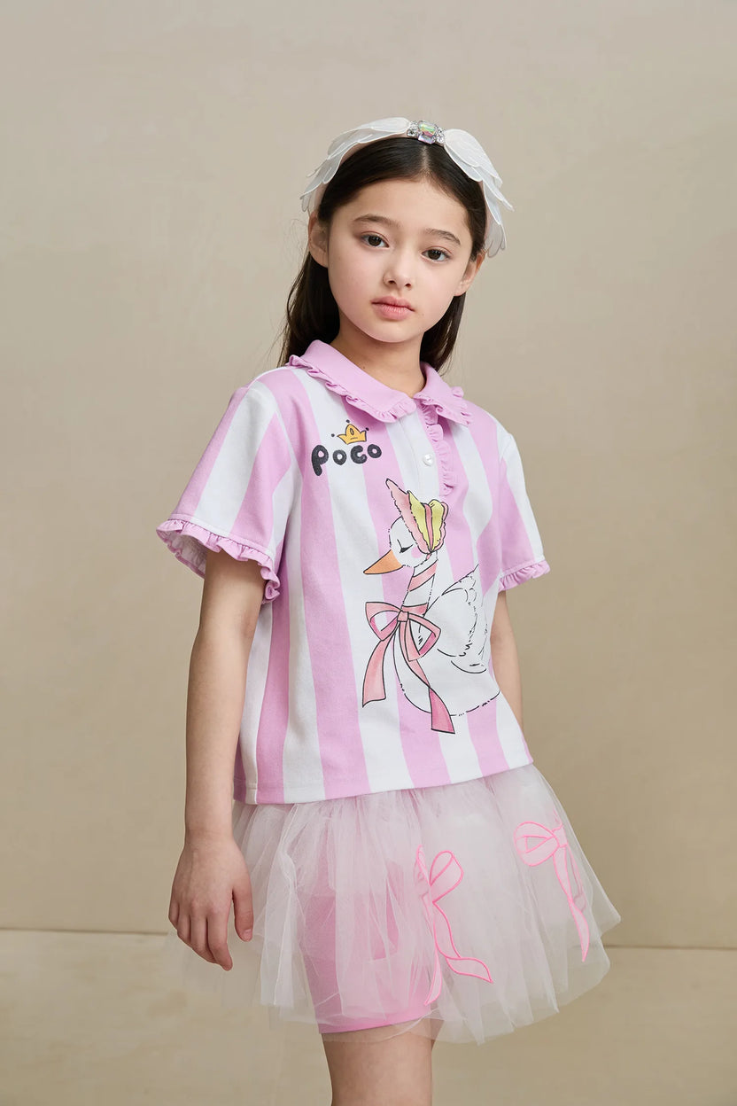 Swan Ballet Print Ruffle Polo Tee by Poco Blush, image 5
