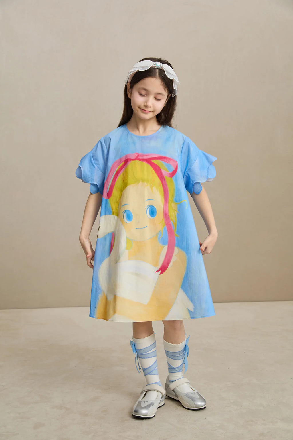 Poco Blush Swan Girl Ruffle Sleeve Dress