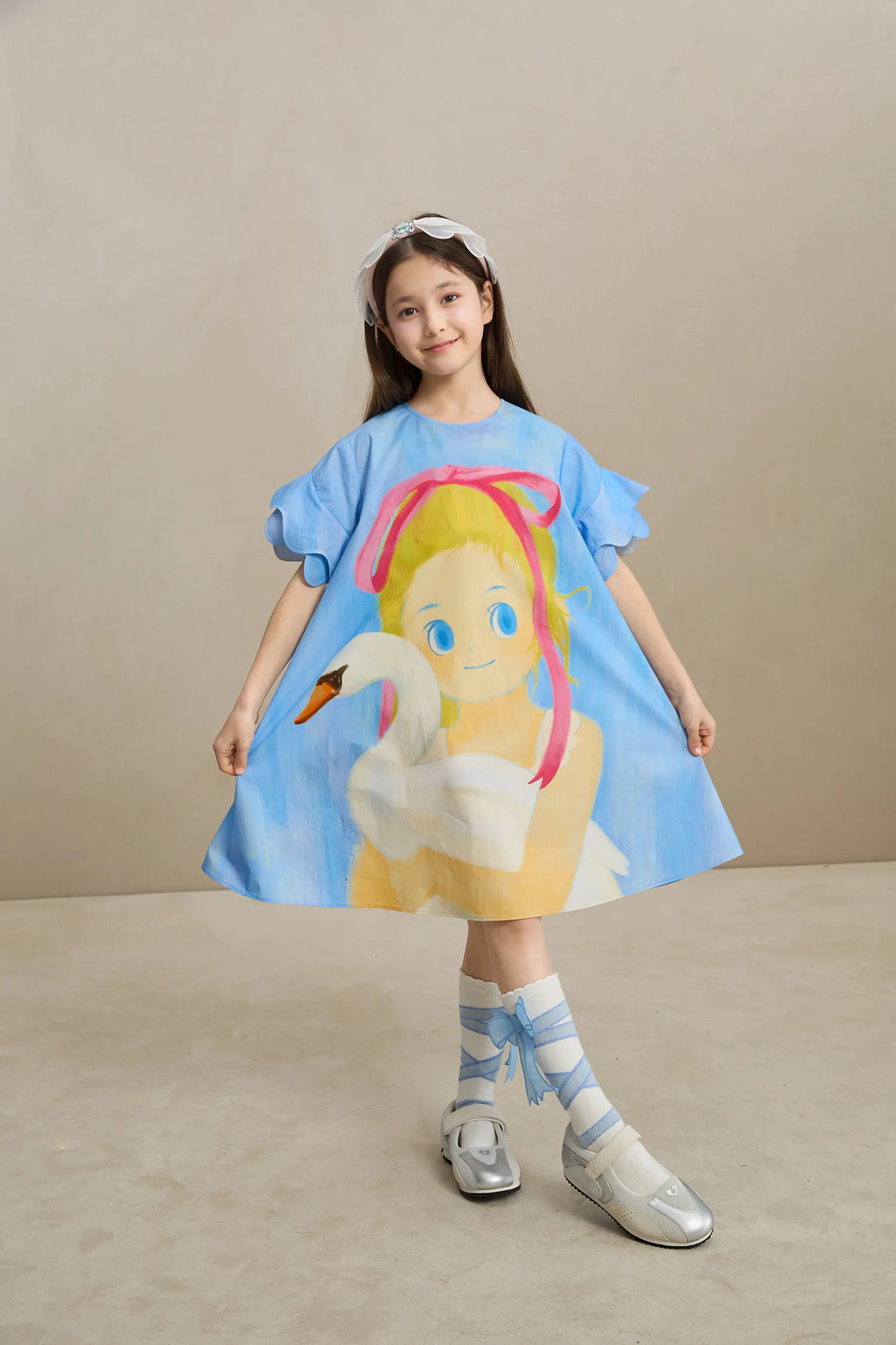 Poco Blush Swan Girl Ruffle Sleeve Dress