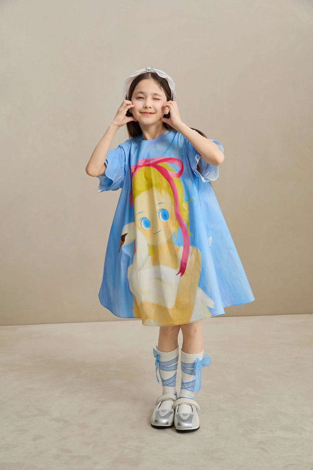 Poco Blush Swan Girl Ruffle Sleeve Dress