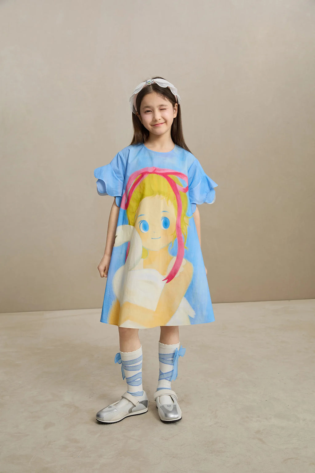 Poco Blush Swan Girl Ruffle Sleeve Dress