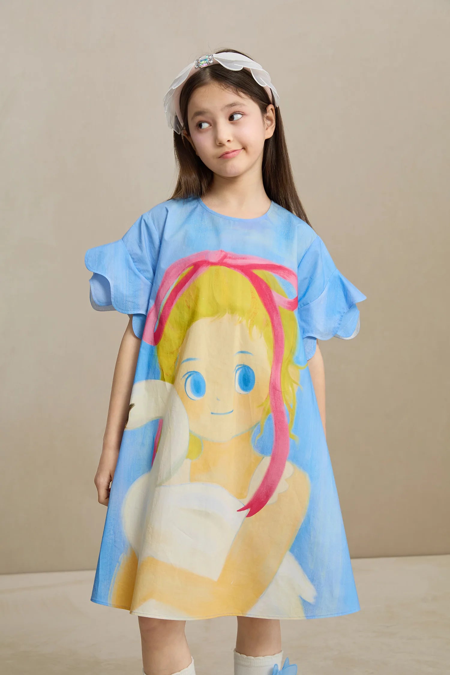 Poco Blush Swan Girl Ruffle Sleeve Dress