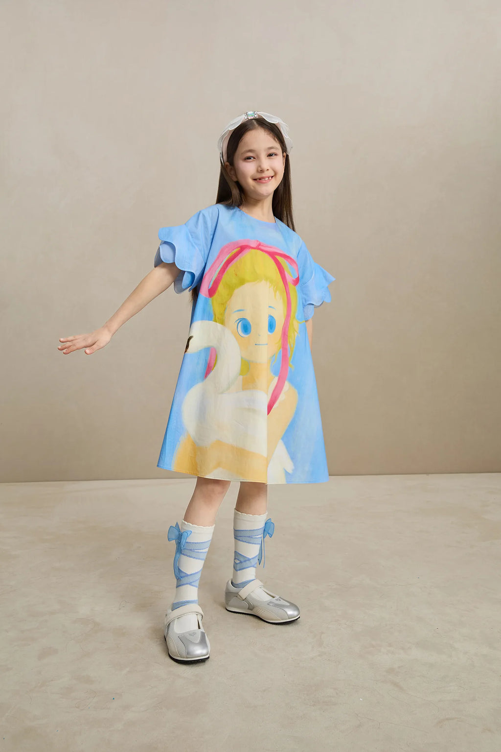 Poco Blush Swan Girl Ruffle Sleeve Dress