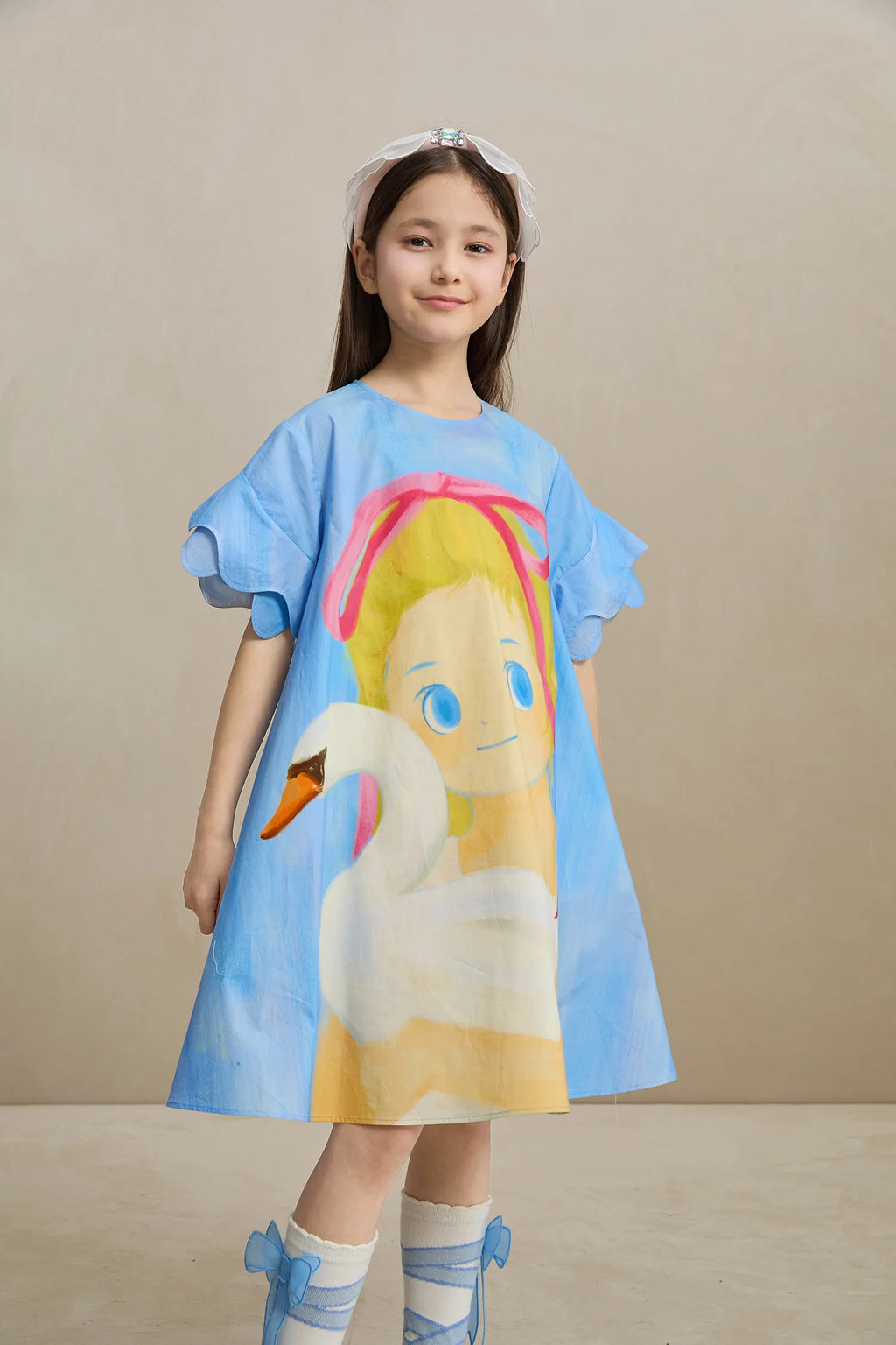 Poco Blush Swan Girl Ruffle Sleeve Dress