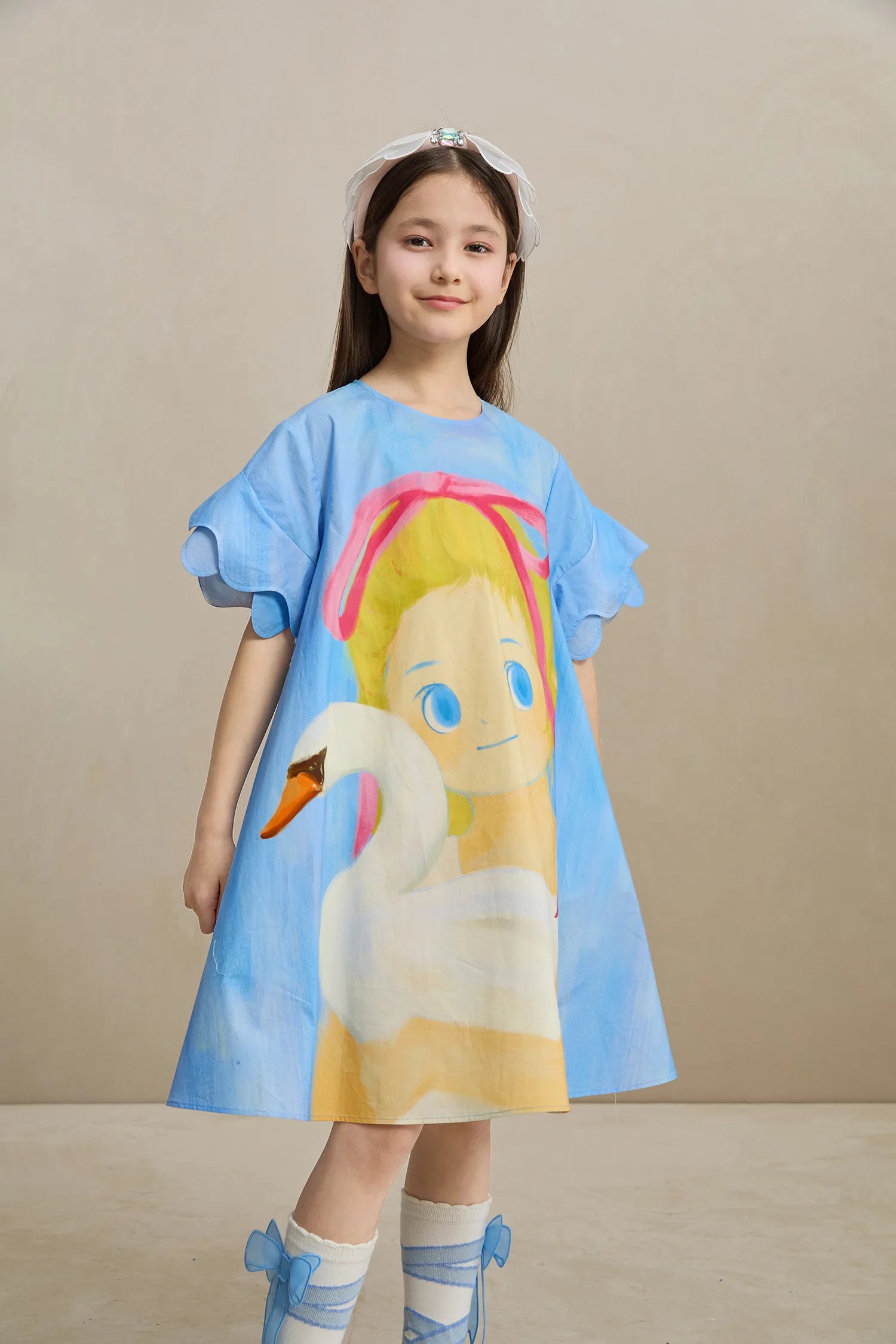 Poco Blush Swan Girl Ruffle Sleeve Dress