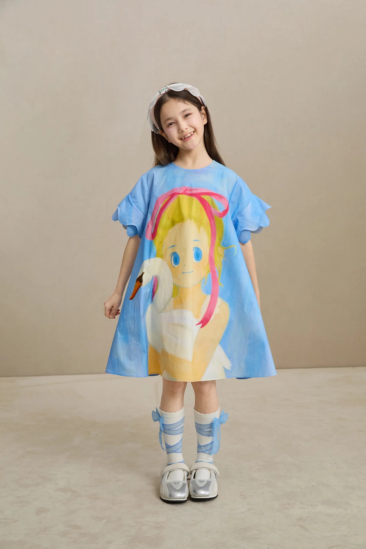 Poco Blush Swan Girl Ruffle Sleeve Dress