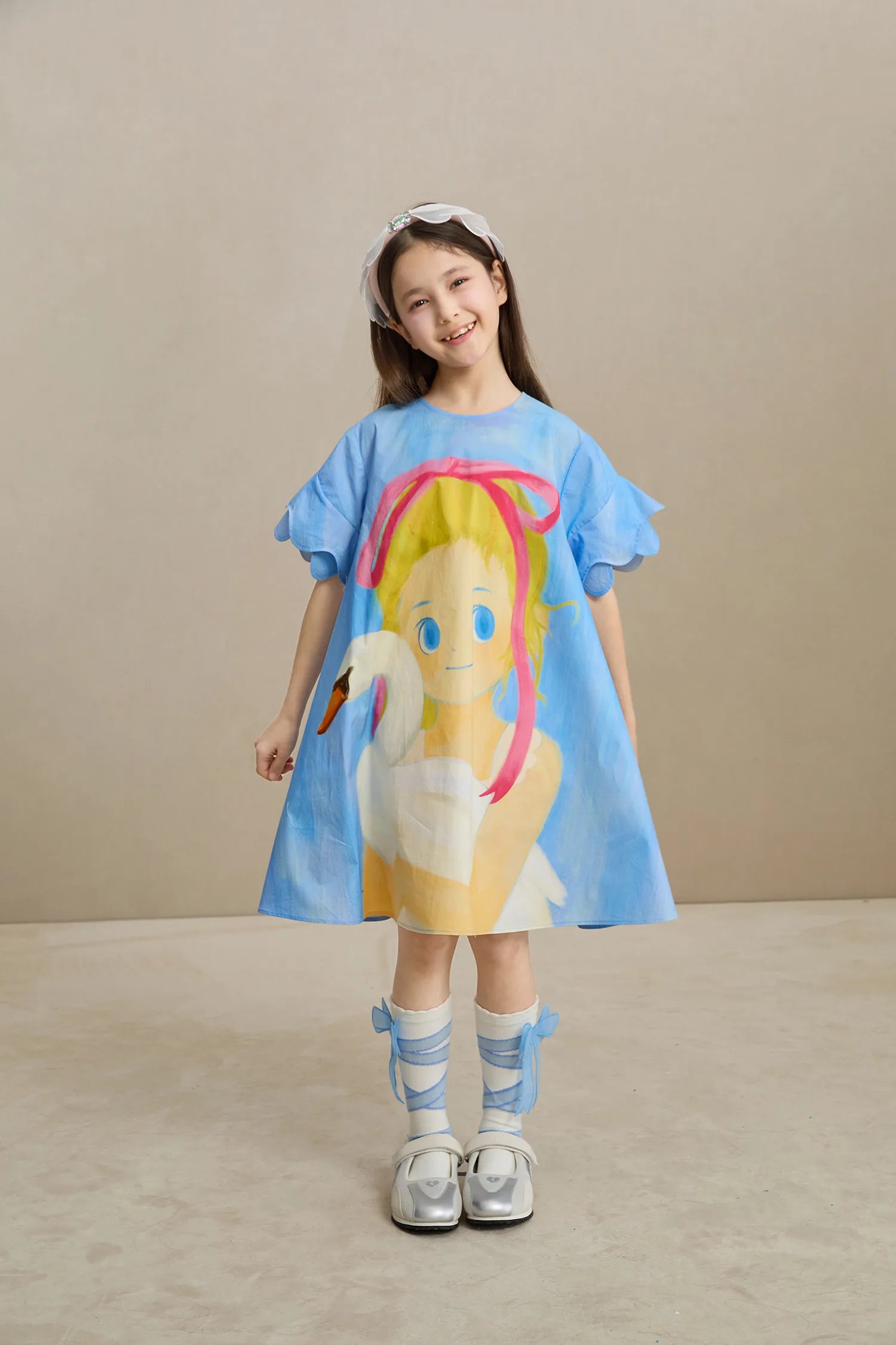 Poco Blush Swan Girl Ruffle Sleeve Dress