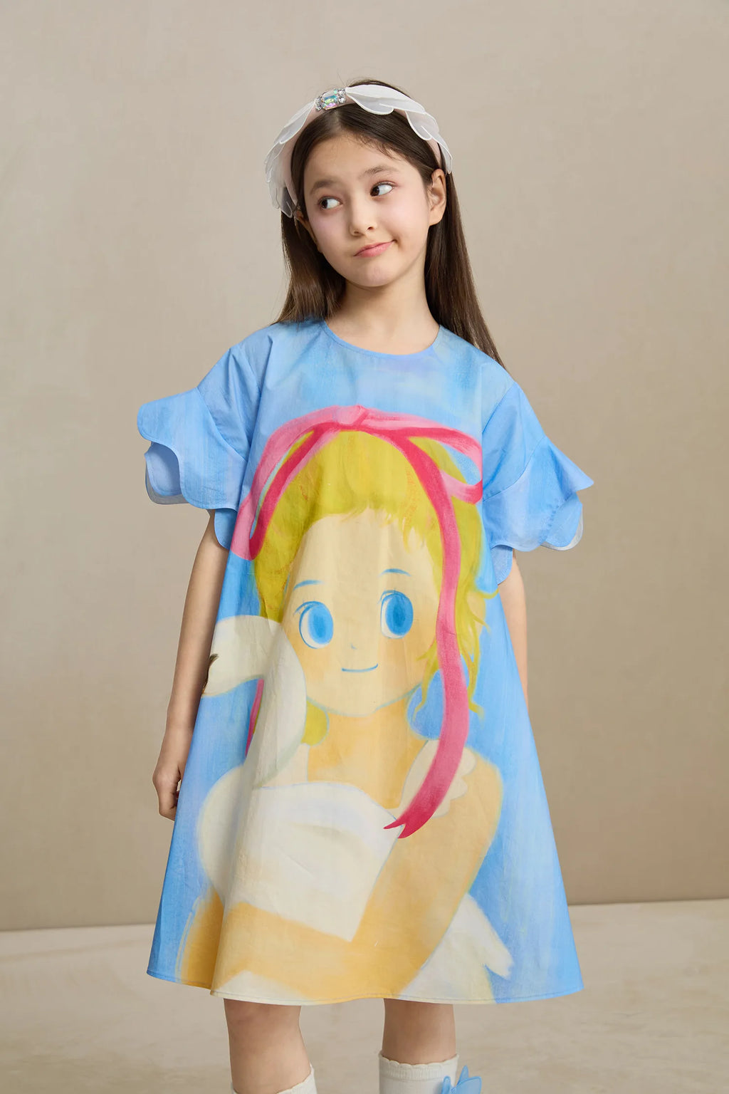 Poco Blush Swan Girl Ruffle Sleeve Dress