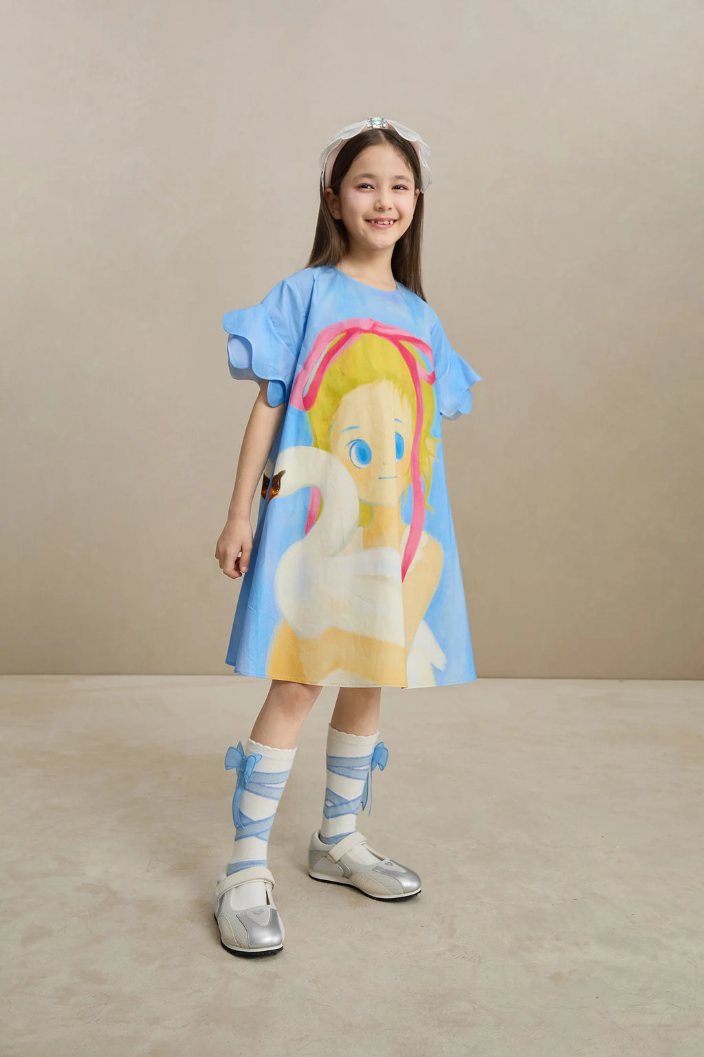 Poco Blush Swan Girl Ruffle Sleeve Dress