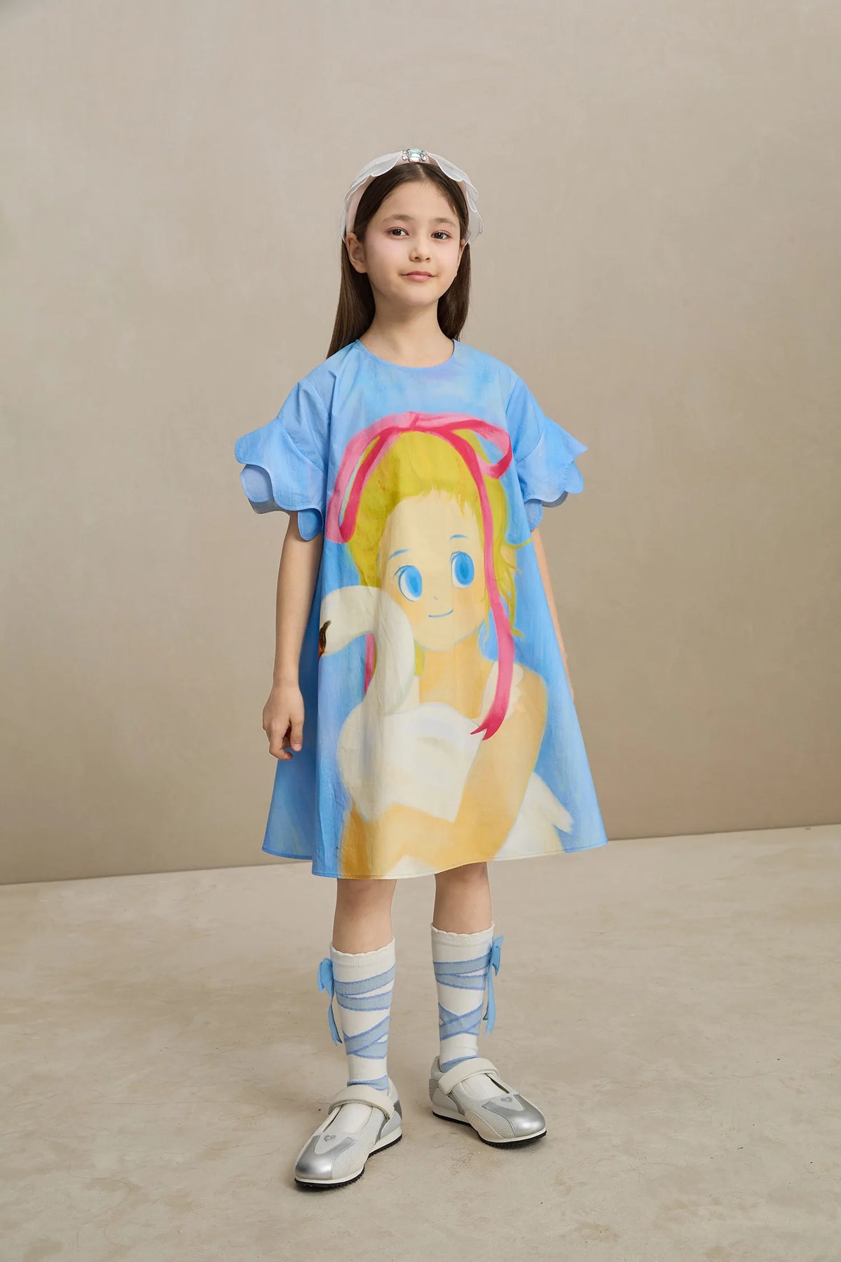 Poco Blush Swan Girl Ruffle Sleeve Dress