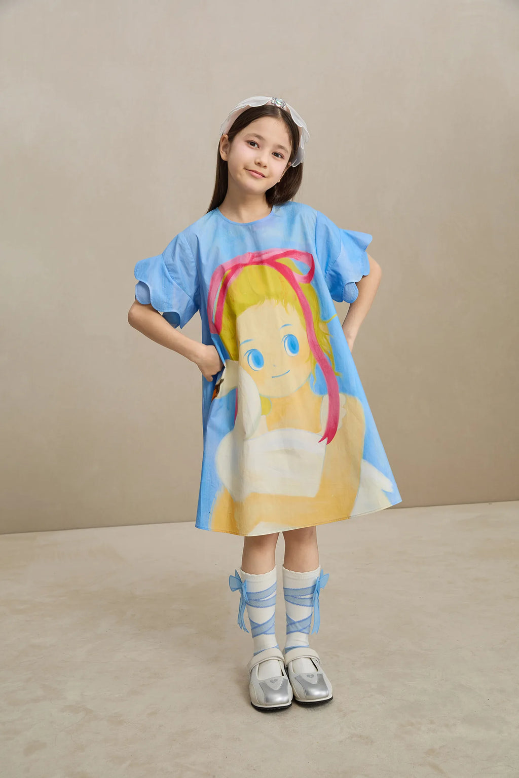 Poco Blush Swan Girl Ruffle Sleeve Dress