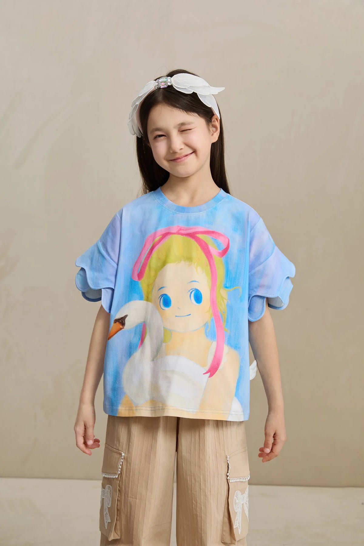 Poco Blush Swan Girl Ruffle Sleeve Tee