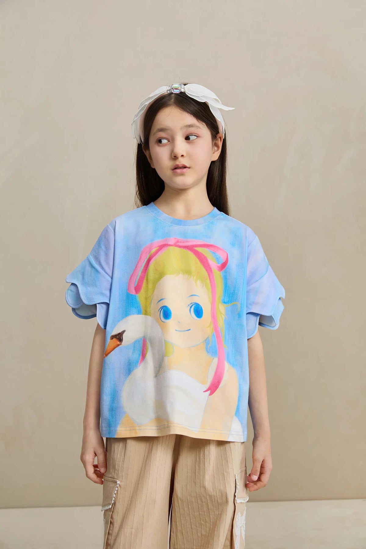 Poco Blush Swan Girl Ruffle Sleeve Tee
