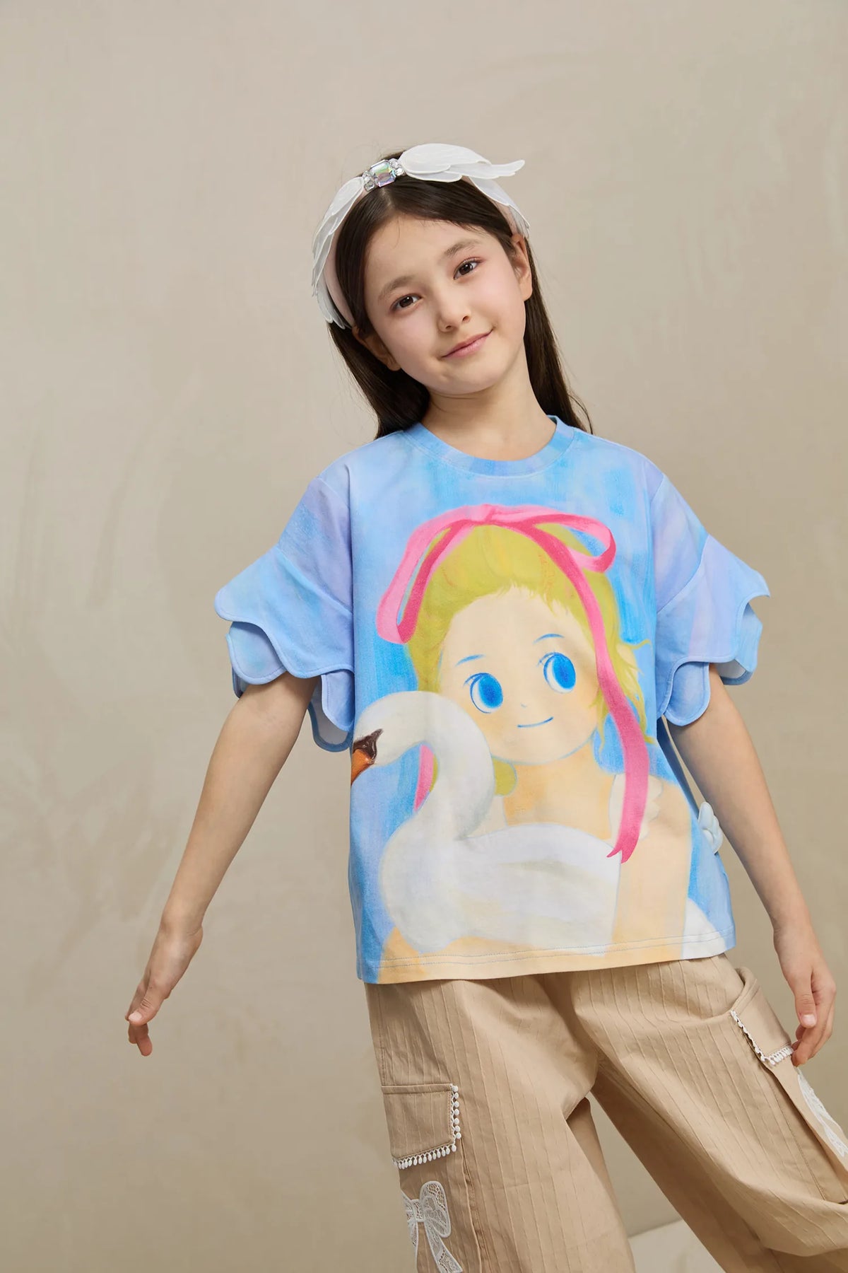 Poco Blush Swan Girl Ruffle Sleeve Tee
