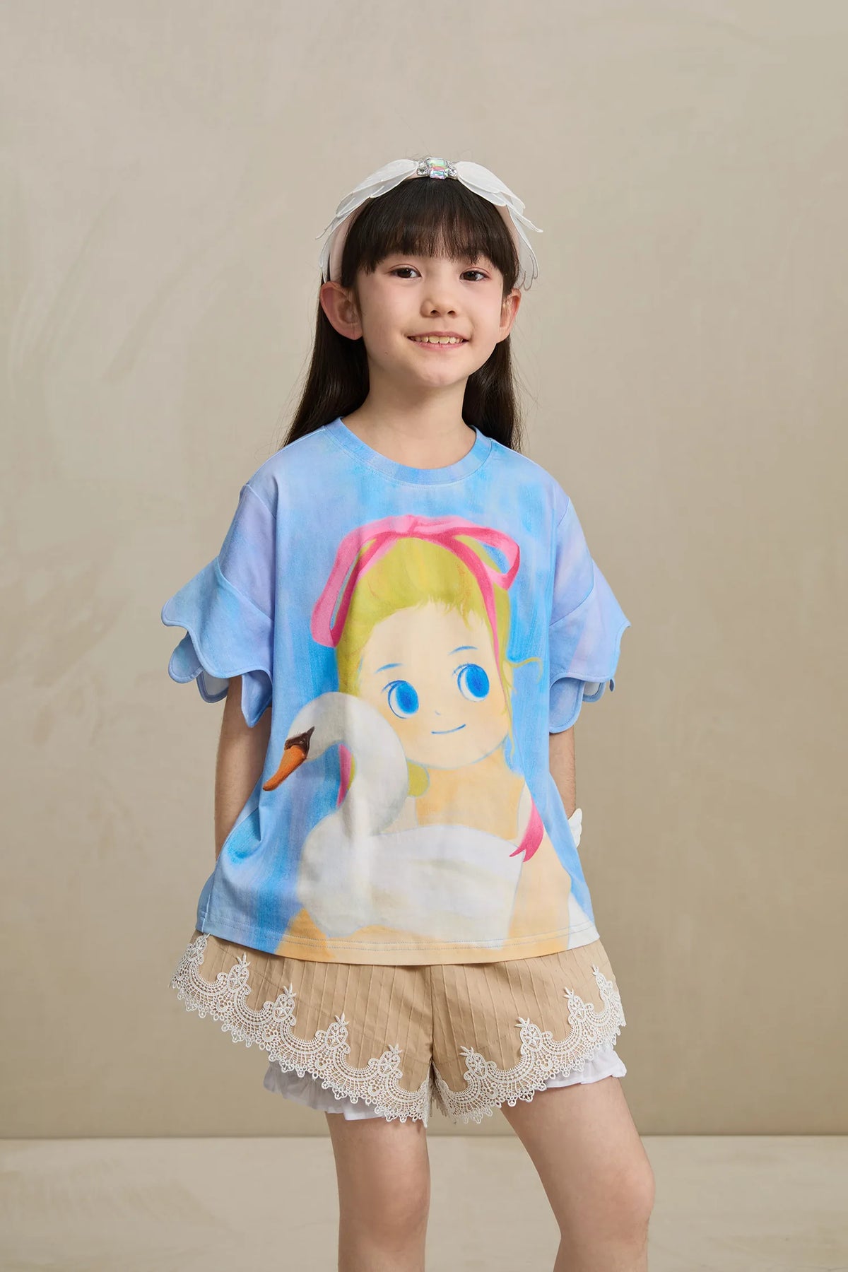 Poco Blush Swan Girl Ruffle Sleeve Tee
