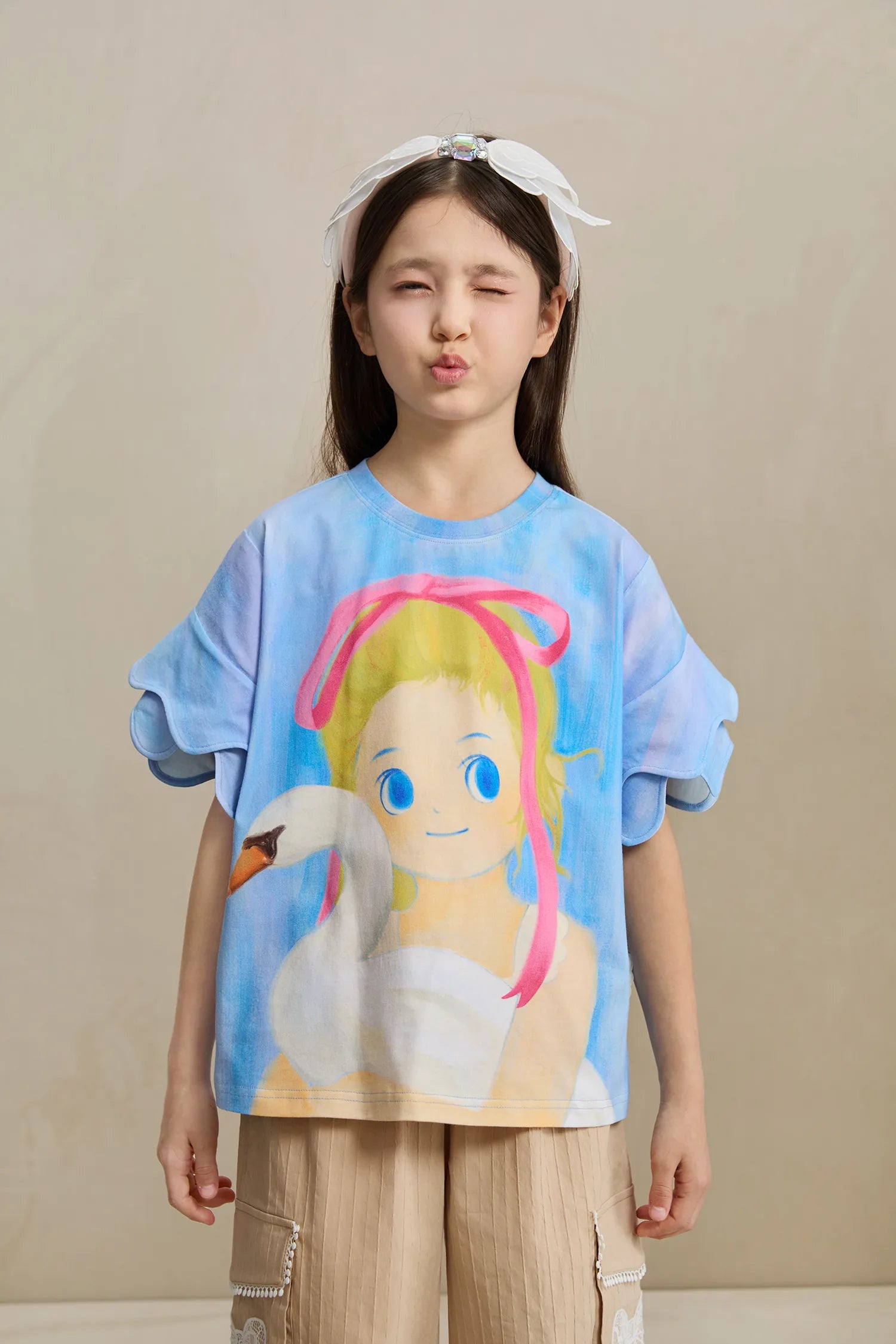Poco Blush Swan Girl Ruffle Sleeve Tee