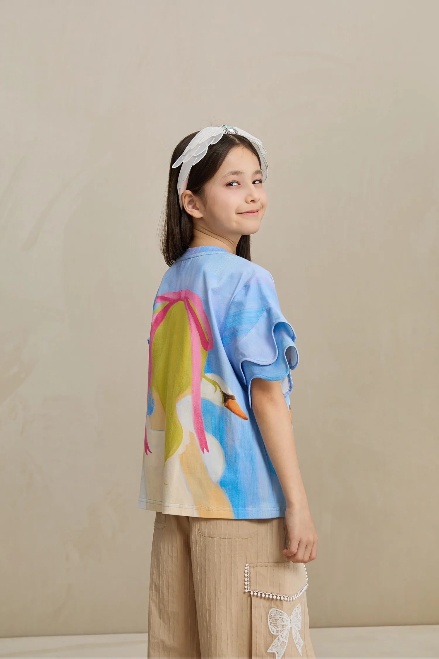 Poco Blush Swan Girl Ruffle Sleeve Tee