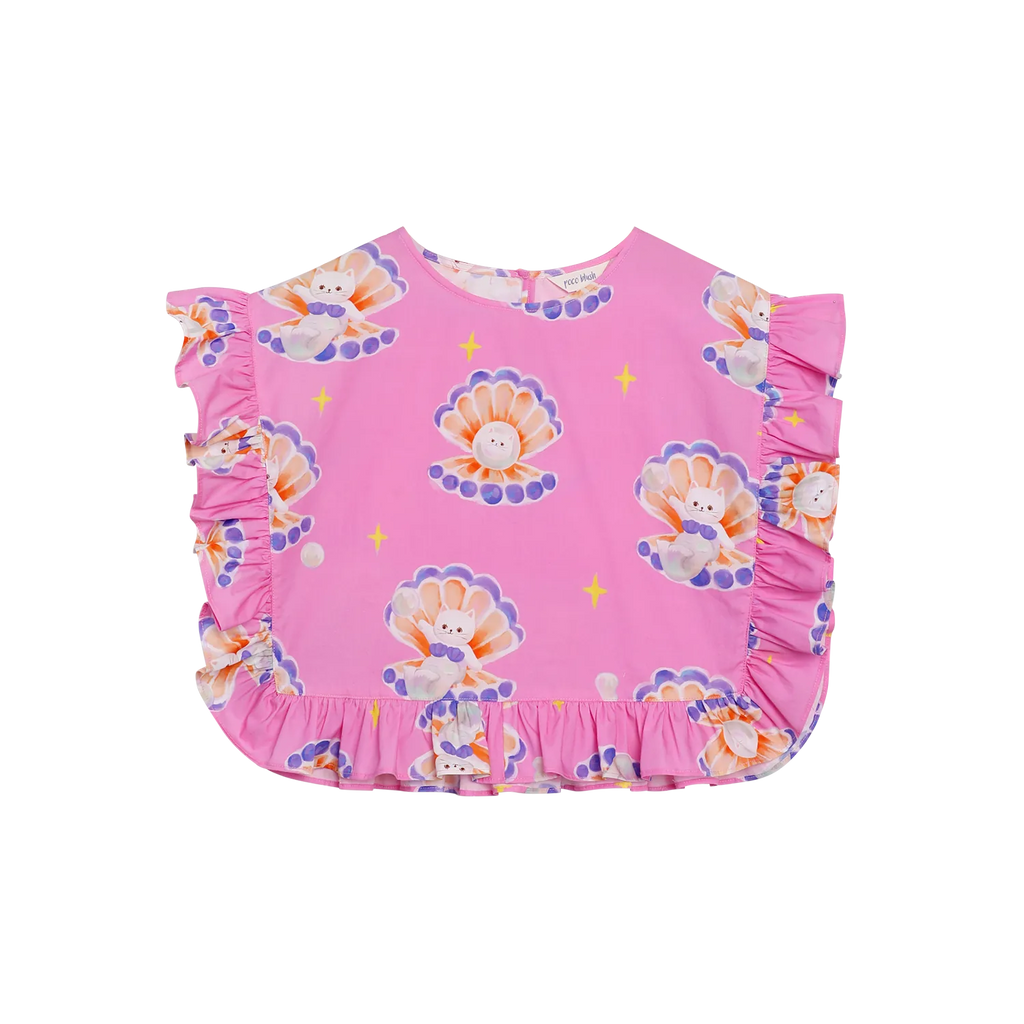 Poco Blush Pearl Cat Cotton Ruffle Top