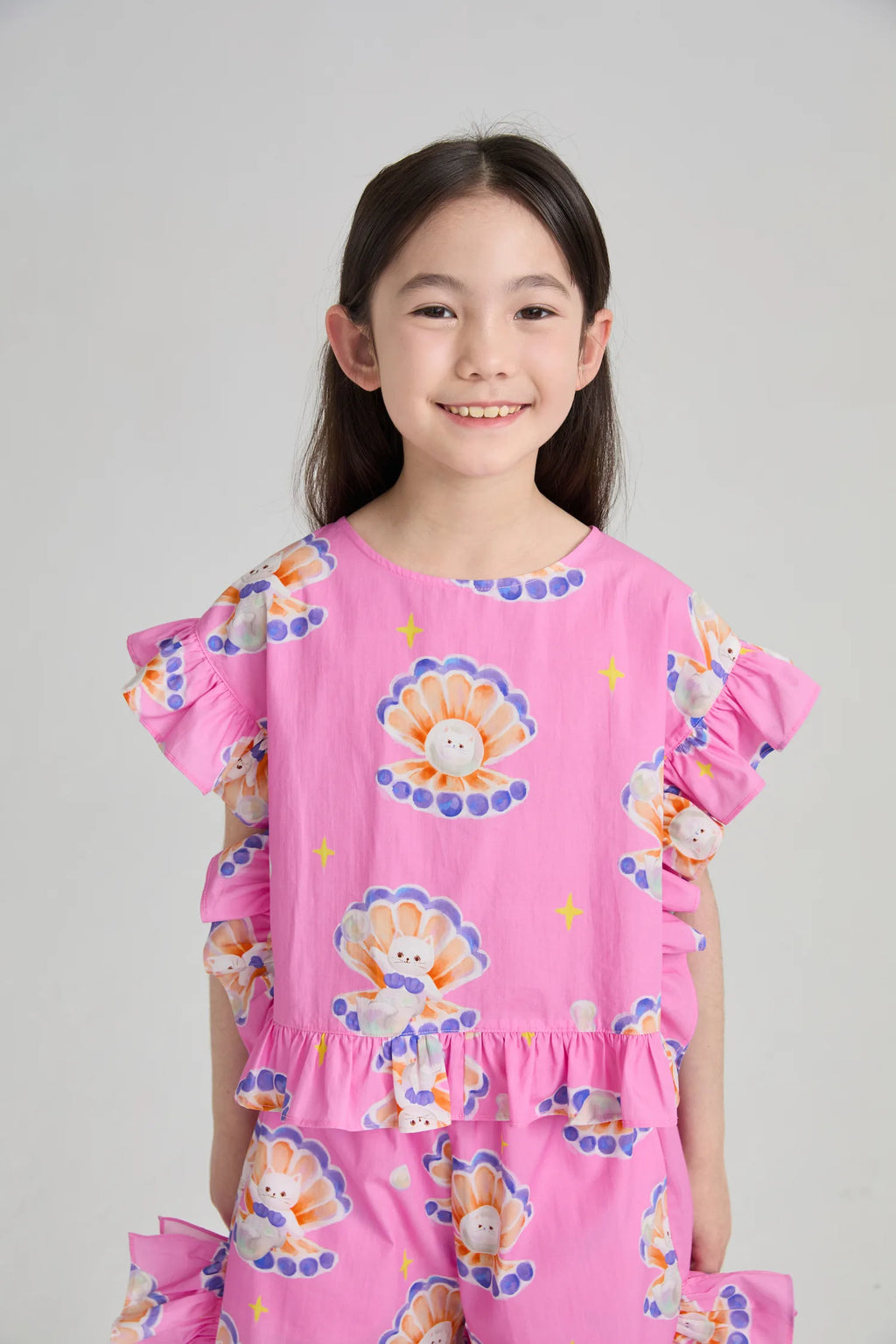 Poco Blush Pearl Cat Cotton Ruffle Top